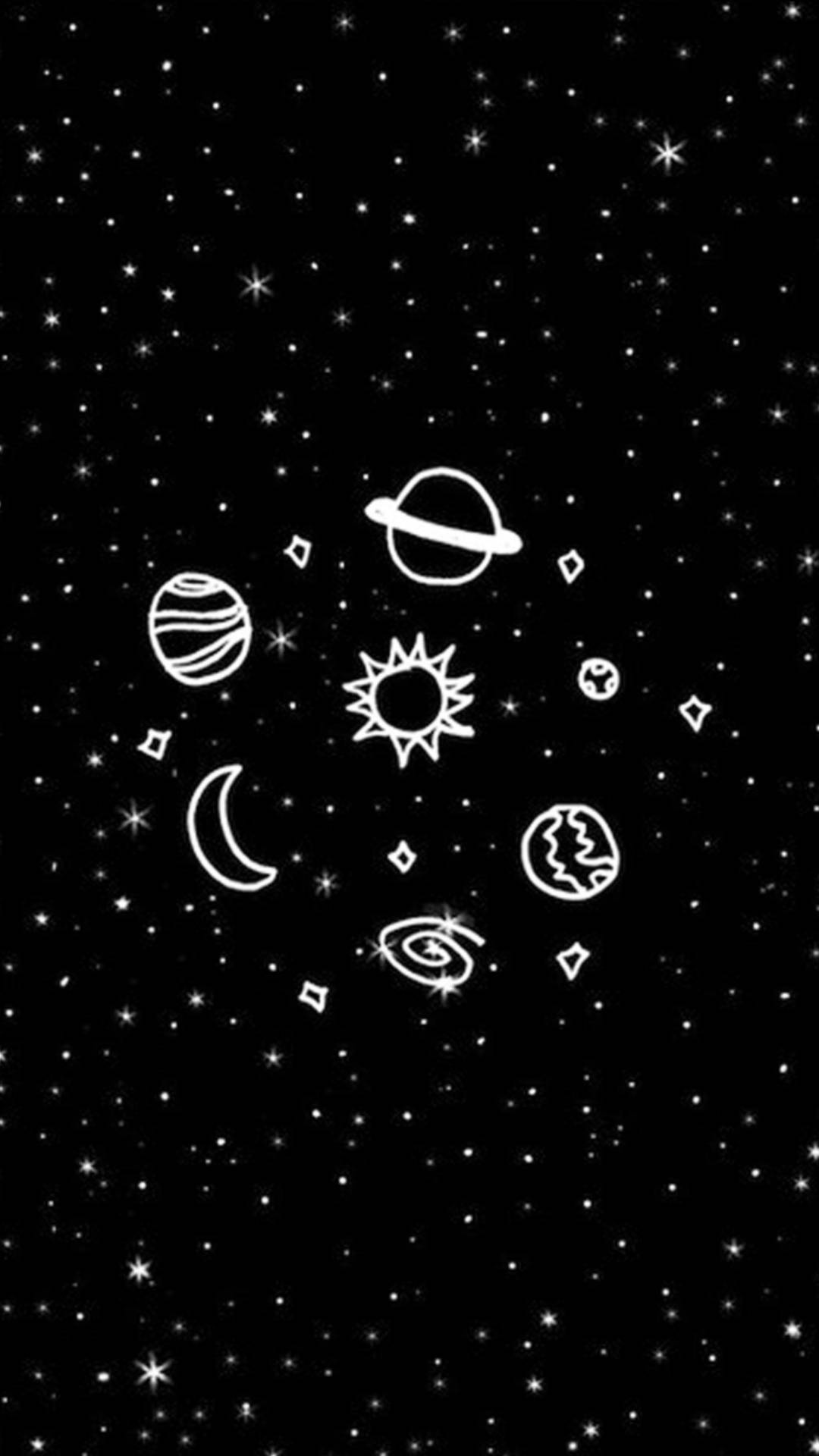 太空美學動圖 桌布 壁紙 — 一個極簡的黑白宇宙場景，風格化的行星、星星和天體符號漂浮在太空中。