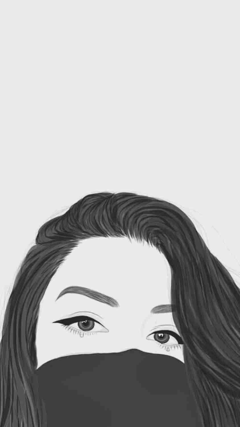 桌布 壁紙 — 一個極簡的黑白插圖，描繪一位女性的眼睛從口罩上方窺視，柔軟的頭髮勾勒出她的臉龐。