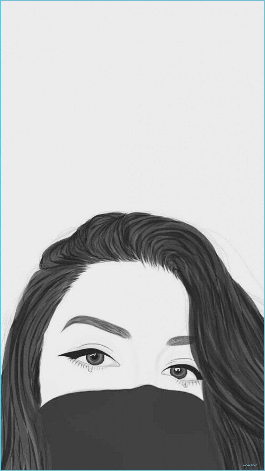 藝術 桌布 壁紙 — 一個極簡的黑白插圖，描繪一位長黑髮女性在素色背景上從口罩上方窺視的眼睛。