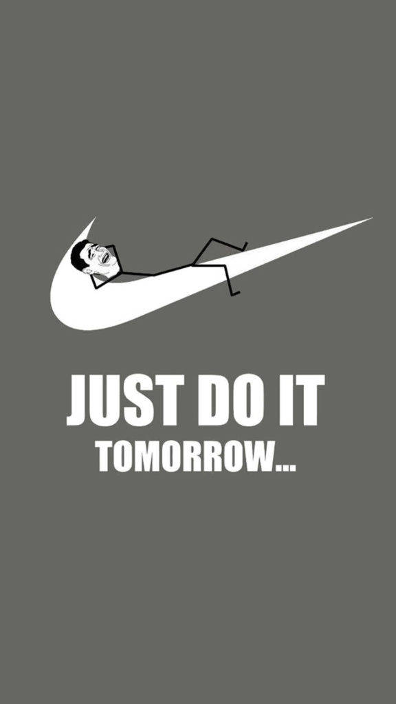 Nike iPhone 桌布 壁紙 — 一個極簡的黑白插圖，描繪一個男人在Nike勾勾內休息，並帶有文字just do it tomorrow。