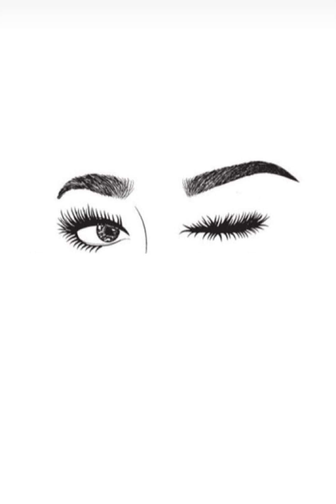 Cute Makeup 桌布 壁紙 — 一個極簡的黑白插圖，描繪了一隻睜開和一隻閉上的眼睛，帶有精細的睫毛和拱形眉毛，背景為純白色。