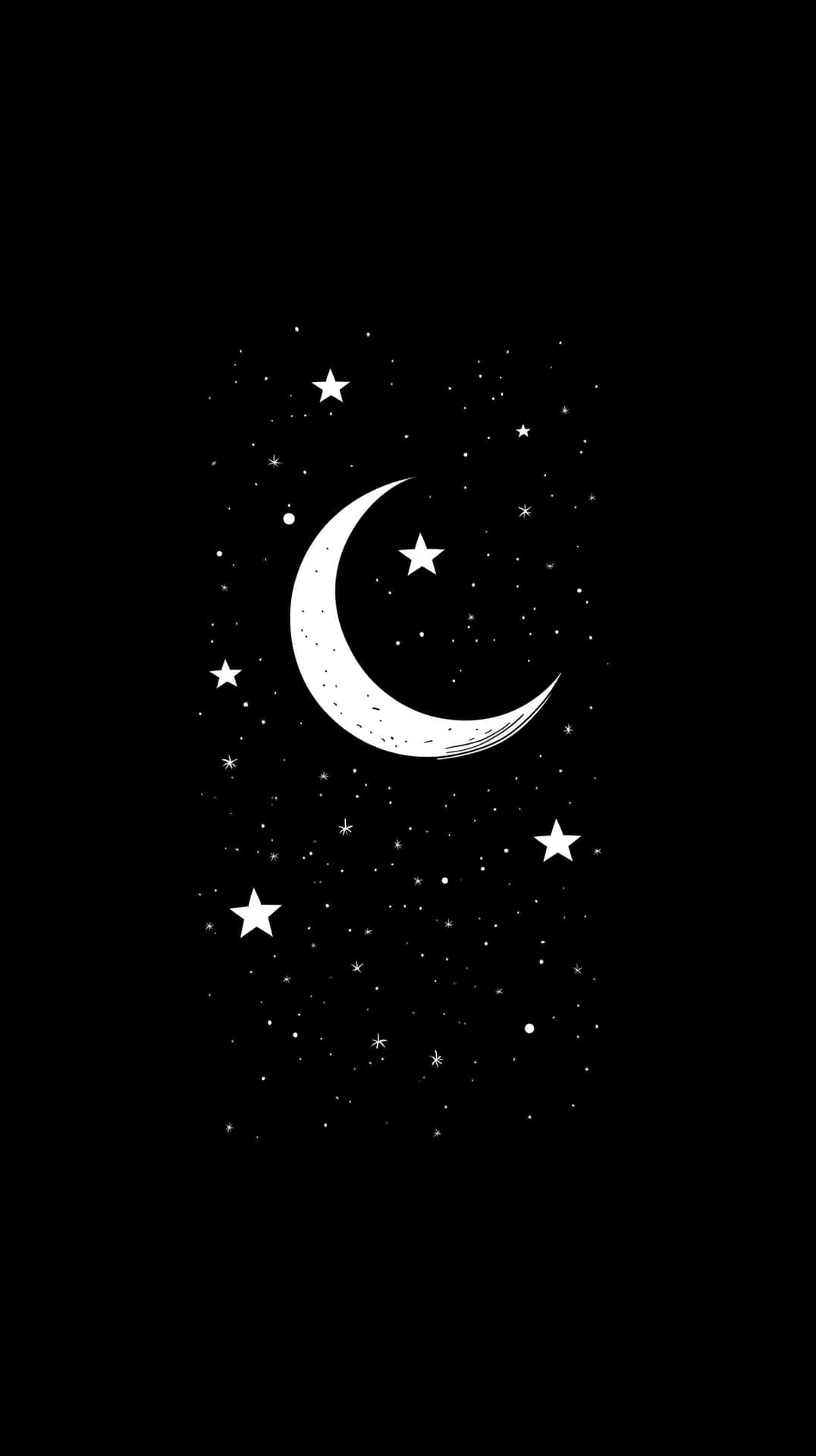 Minimalist black and white illustration of a crescent moon and stars 壁紙 — 一個極簡的黑白插圖，描繪了在黑暗背景上被散落的星星包圍的彎月。