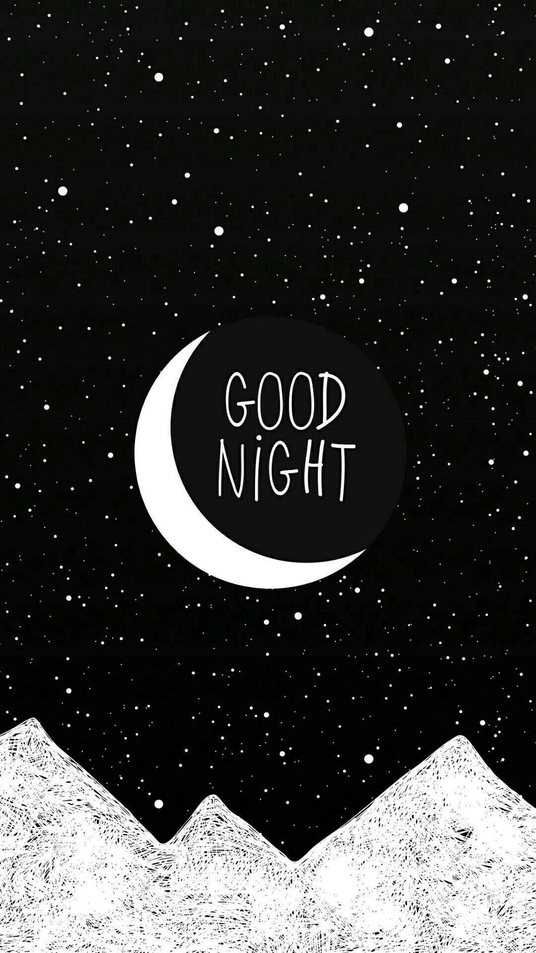晚安 桌布 壁紙 — 一個極簡的黑白插圖，描繪新月和「GOOD NIGHT」文字，背景是星空下的雪山山峰。