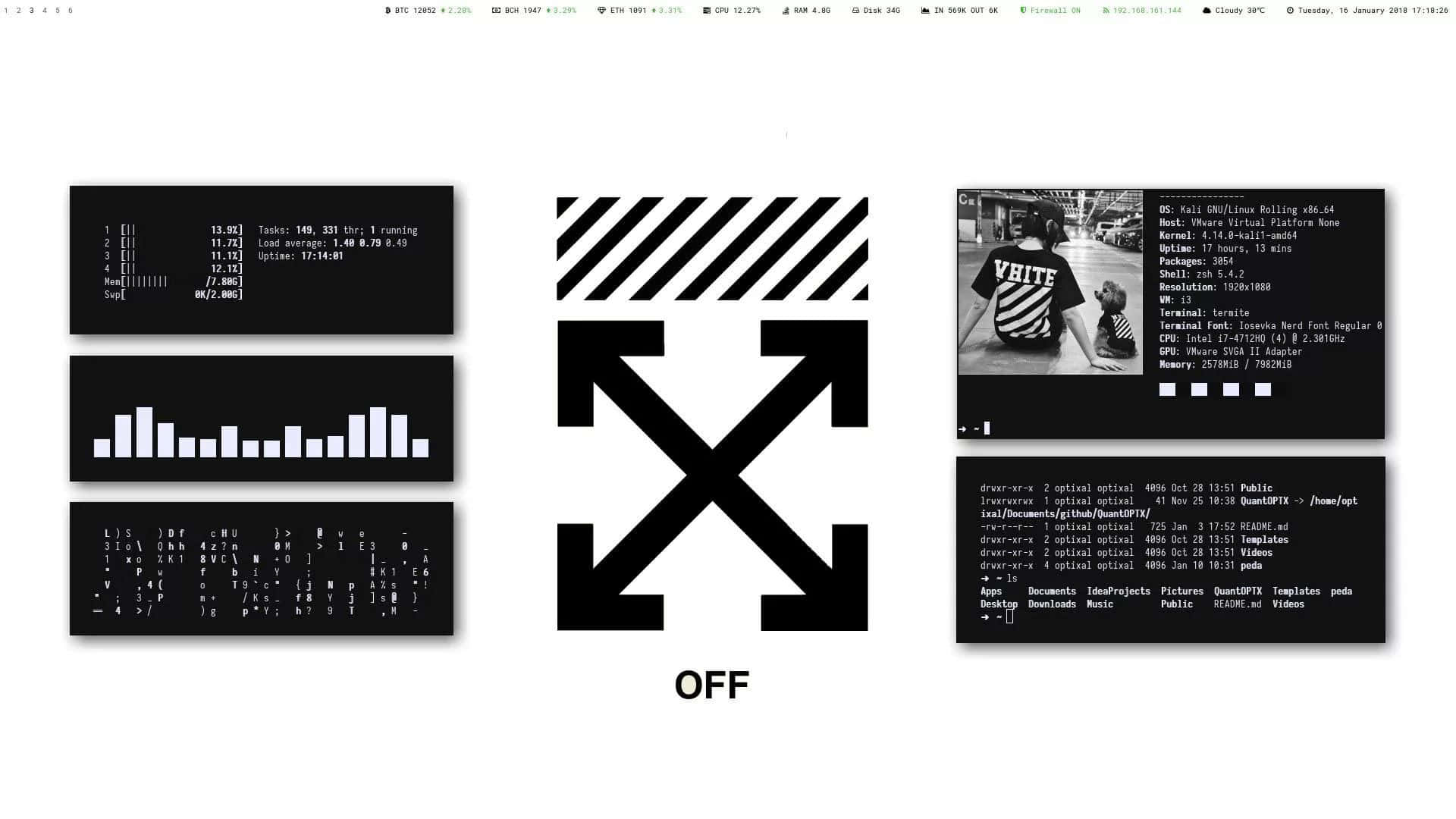 Off White Desktop 桌布 壁紙 — 一個極簡的黑白桌布，中央有Off-White標誌，兩側是顯示系統統計數據和程式碼的終端機視窗。