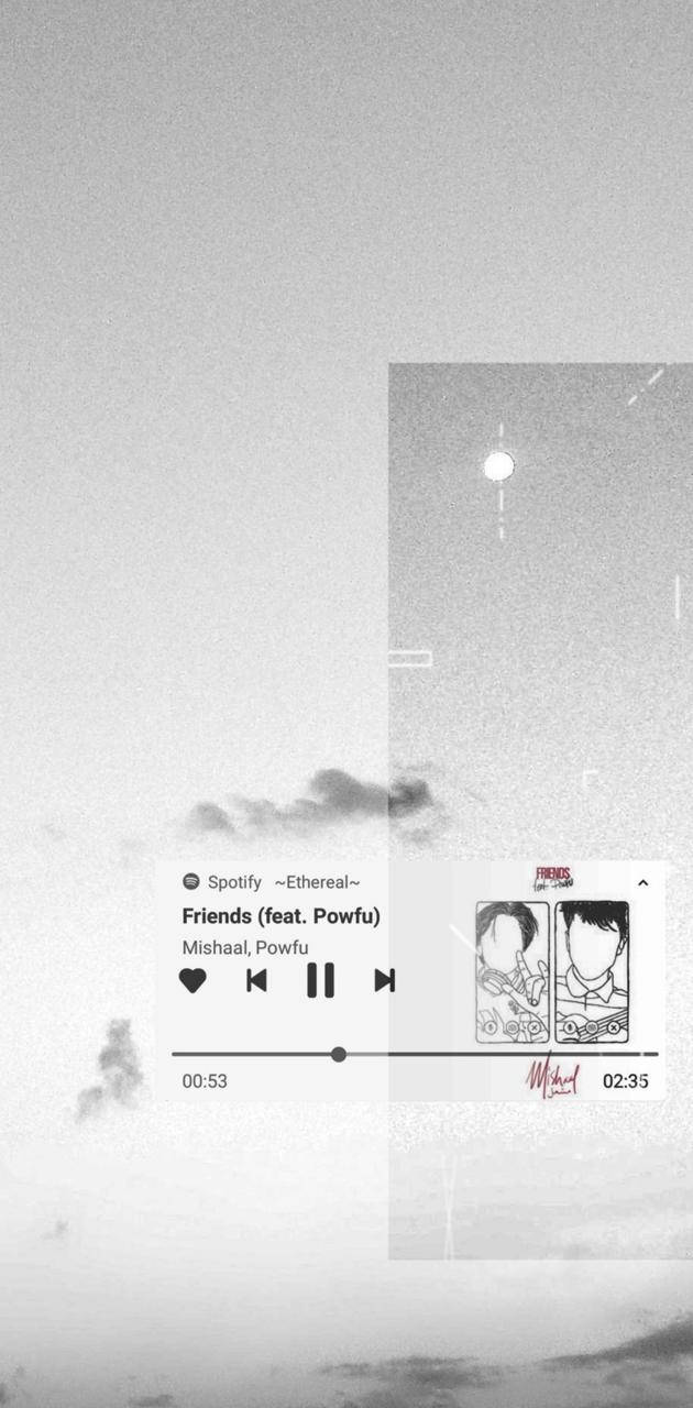 音樂美學 桌布 壁紙 — 一個極簡的黑白桌布，顯示在雲天背景上的Spotify音樂播放器疊加層，帶有漫畫風格的專輯封面。