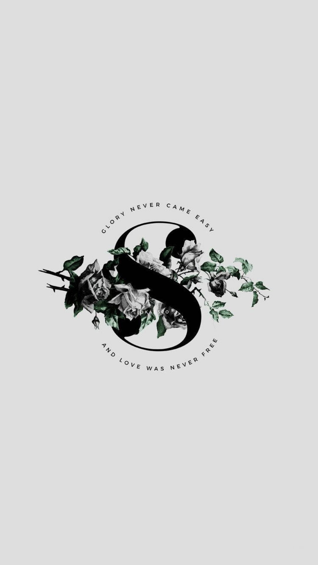 Slytherin Aesthetic 桌布 壁紙 — 一個極簡的黑白標誌，以一個風格化的S與玫瑰和荊棘交織在淺灰色背景上。