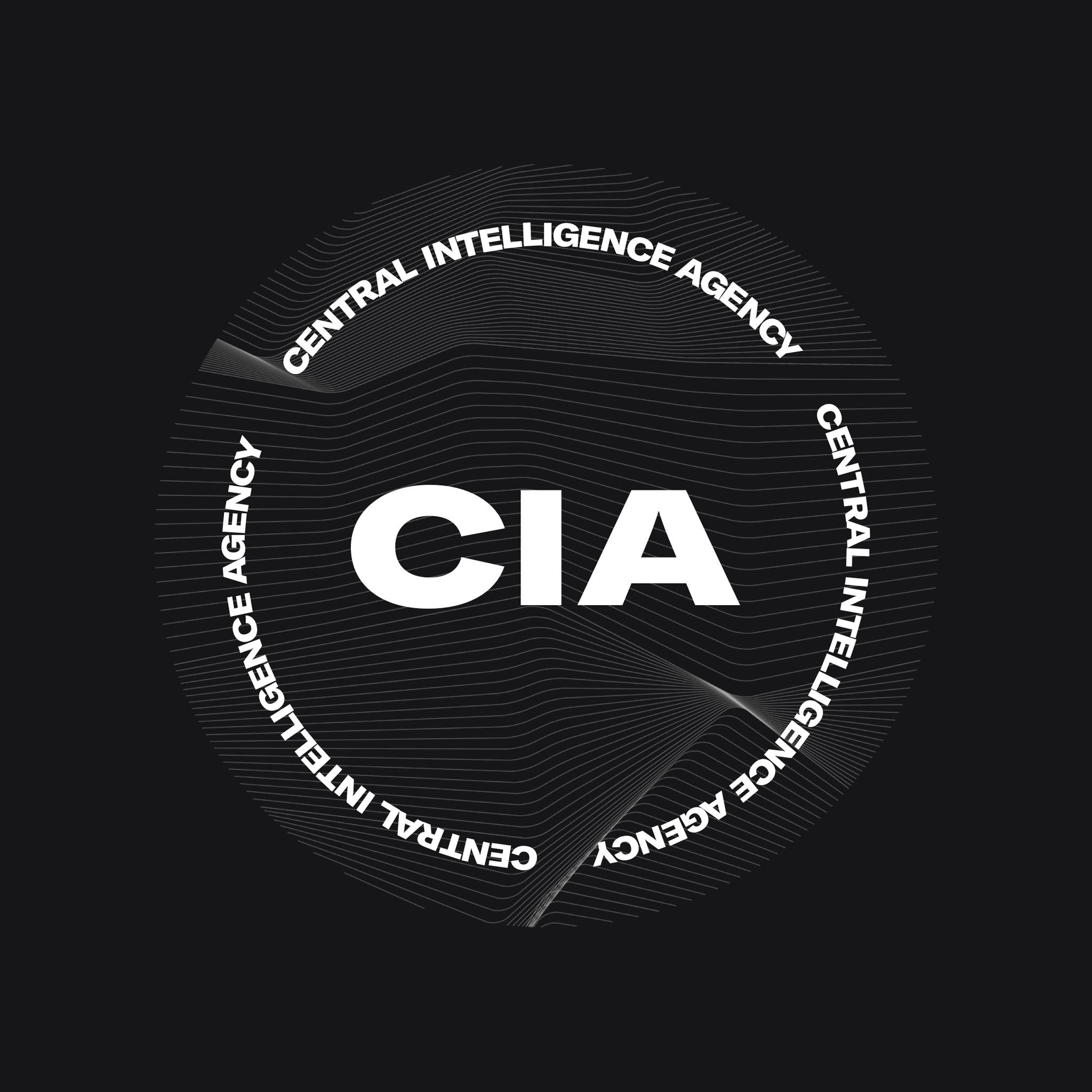 Cia 桌布 壁紙 — 一個極簡的黑白標誌，以粗體CIA文字為中心，周圍環繞著同心波浪線和重複的機構名稱。