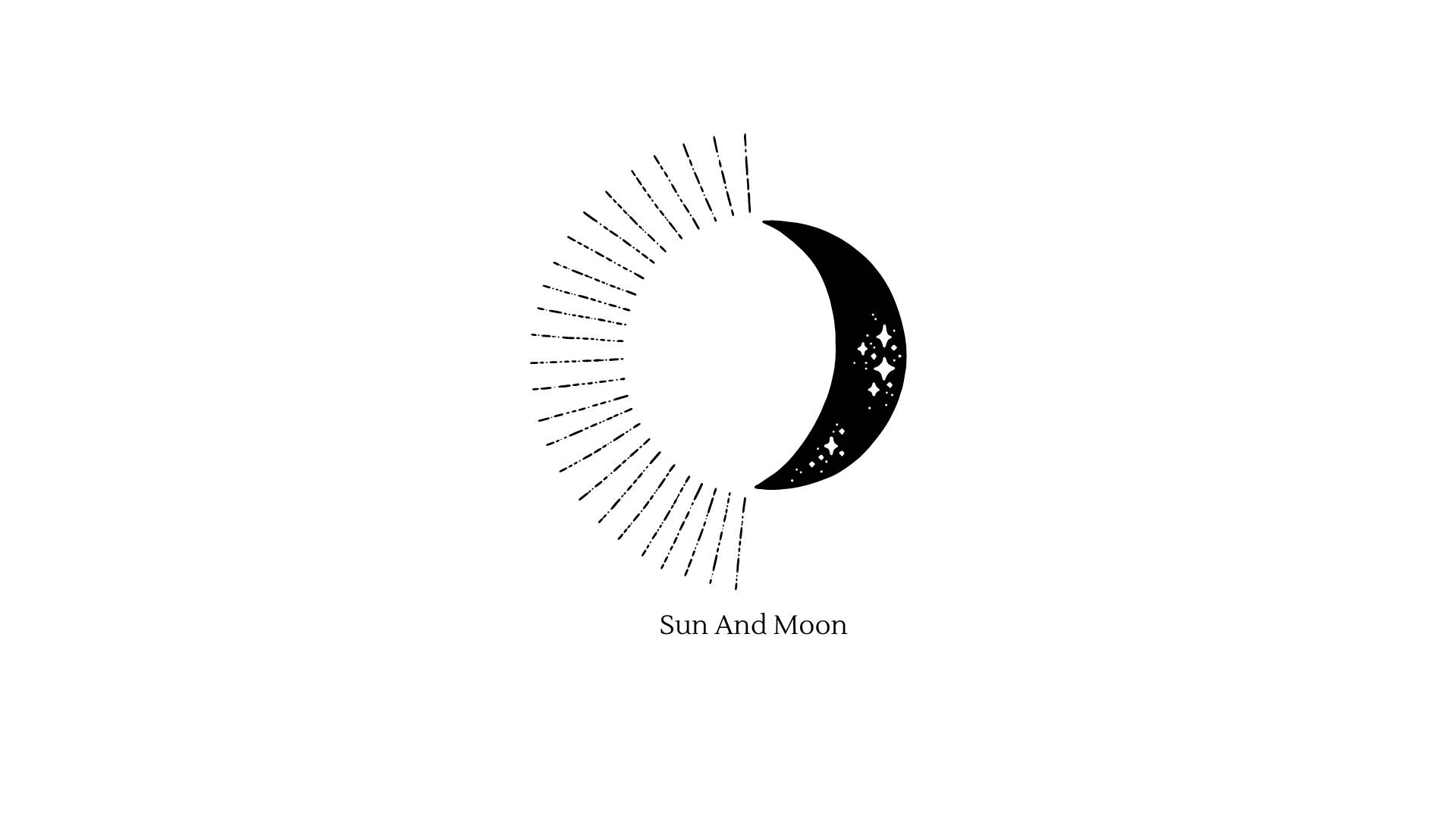 太陽與月亮 桌布 壁紙 — 一個極簡的黑白標誌，特色是新月、星星和太陽爆發設計。