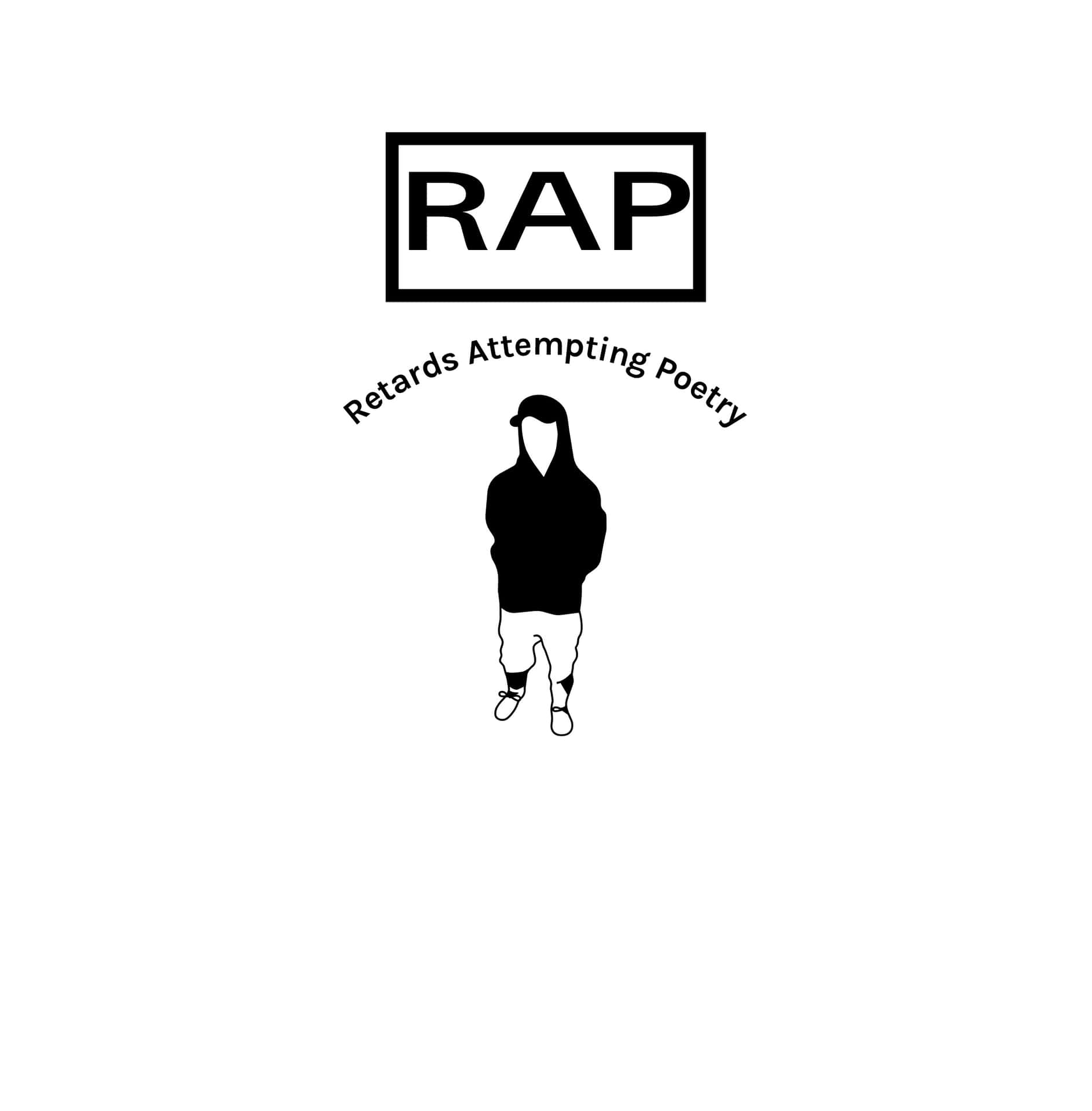 Movie Junkie 壁紙 — 一個極簡的黑白標誌，特點是「RAP」一字在一個方框內，上方有一個風格化的人物，下方有弧形排列的文字「Retards Attempting Poetry」。