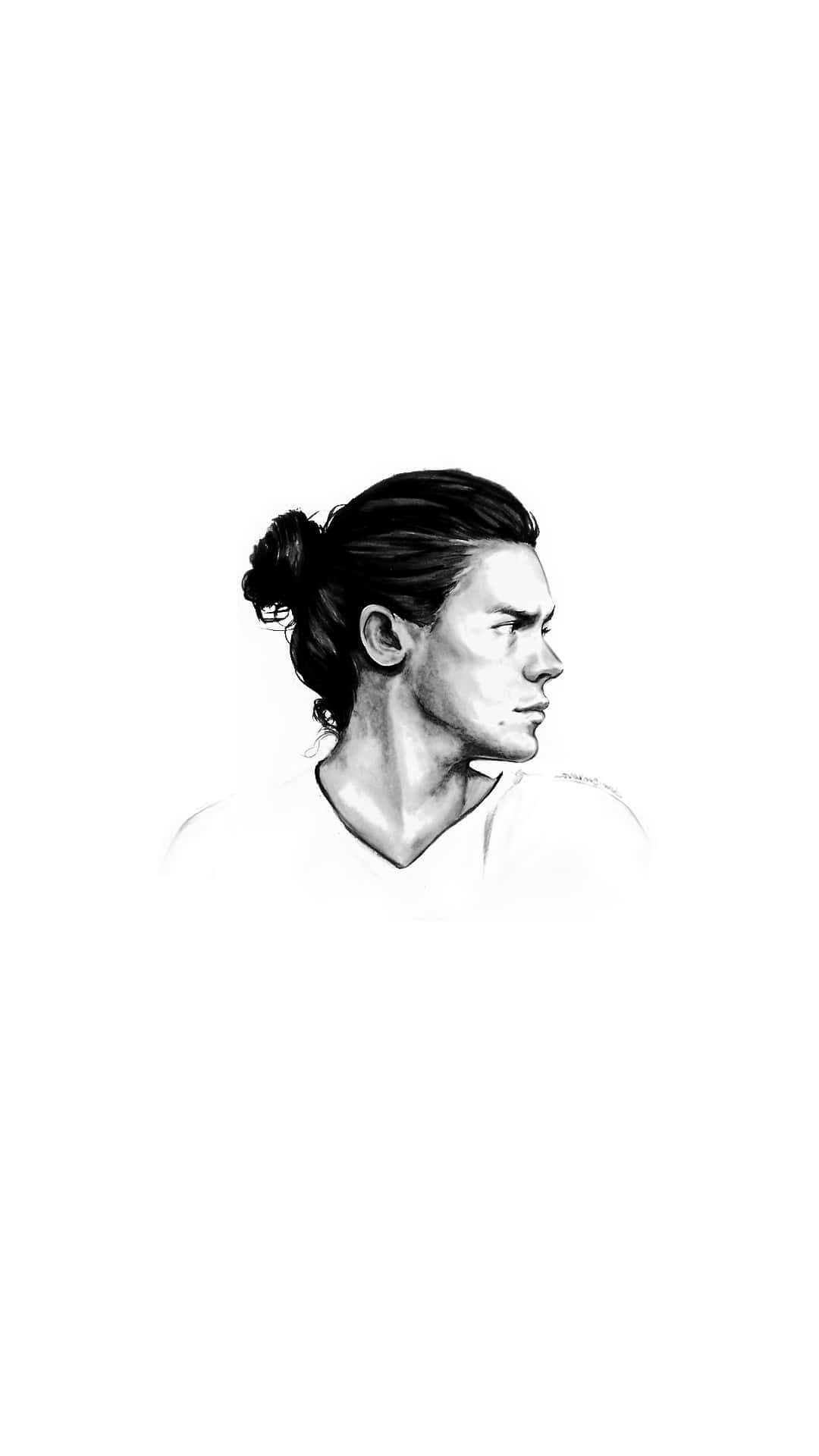 Harry Styles Black And White 桌布 壁紙 — 一個極簡的黑白素描，描繪一個束髮髻的男子側面，背景為純白色。