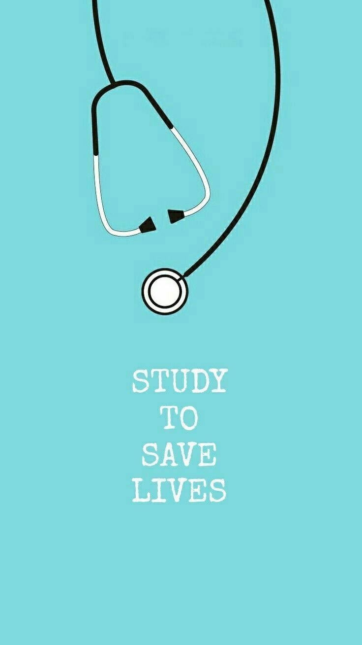 medical motivation 桌布 壁紙 — 一個極簡的黑白聽診器掛在純青色背景上，下方有文字 study to save lives。