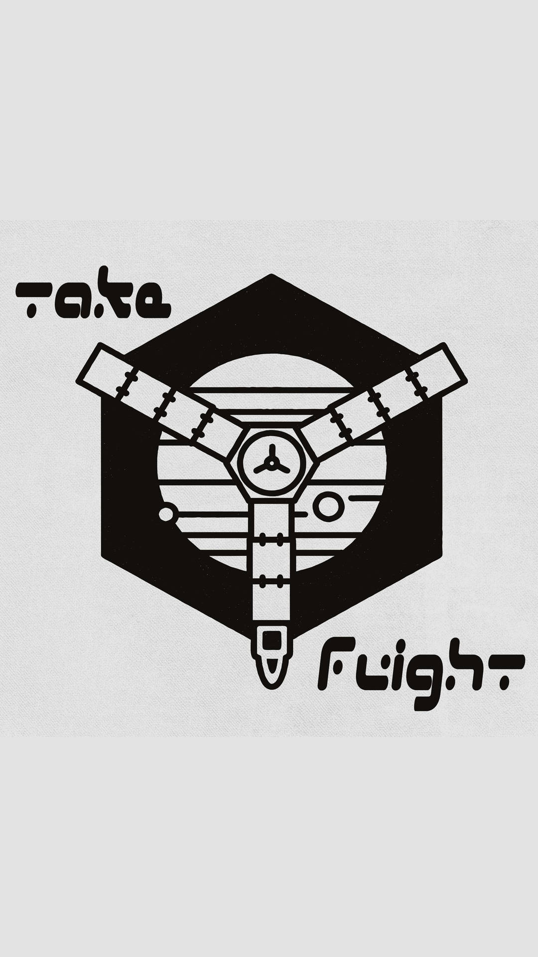 Quote 桌布 壁紙 — 一個極簡的黑白風格衛星標誌，帶有復古字體的 'take flight' 文字。