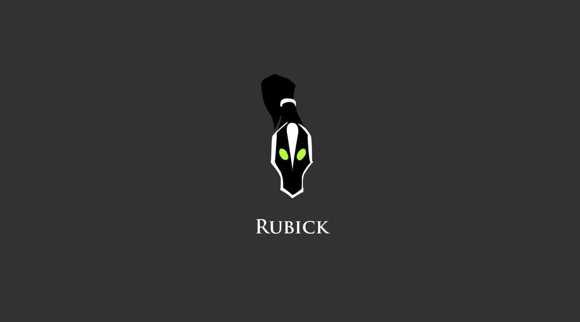 Rubick 桌布 壁紙 — 一個極簡的黑白風格頭盔，帶有發光的綠色眼睛，位於深灰色背景中央，下方有Rubick字樣。