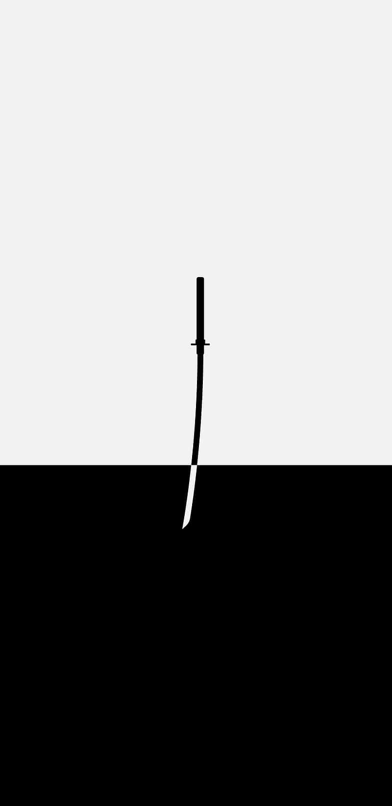 Minimalist Black And White 桌布 壁紙 — 一個極簡的黑色剪影，一把武士刀直立於鮮明的黑白地平線邊緣。