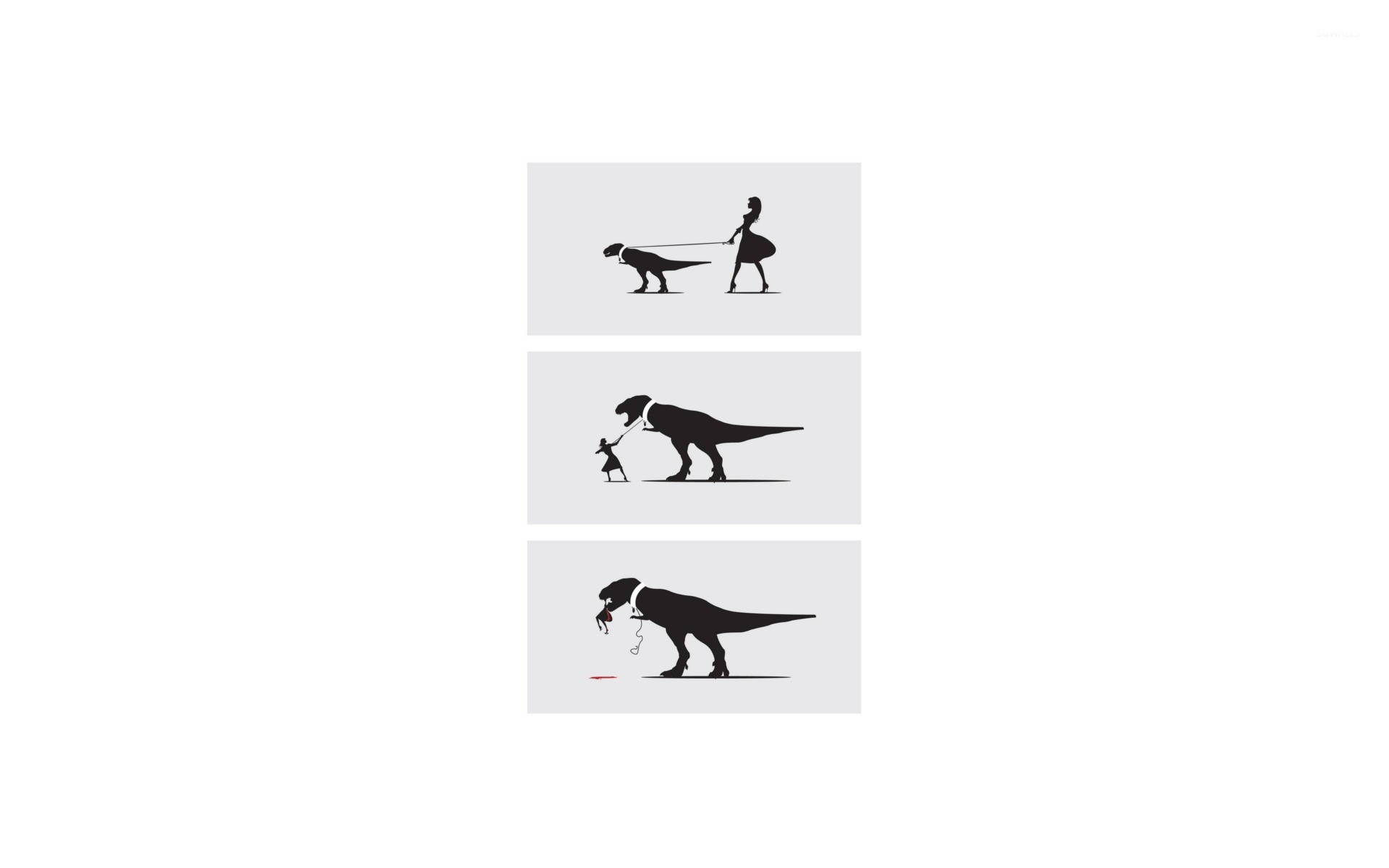 Funny Dinosaur 桌布 壁紙 — 一個極簡的黑色剪影系列展示了一個人用皮帶遛T-Rex，然後彎腰撿起掉落的物品，最後吃一個紅色物體。