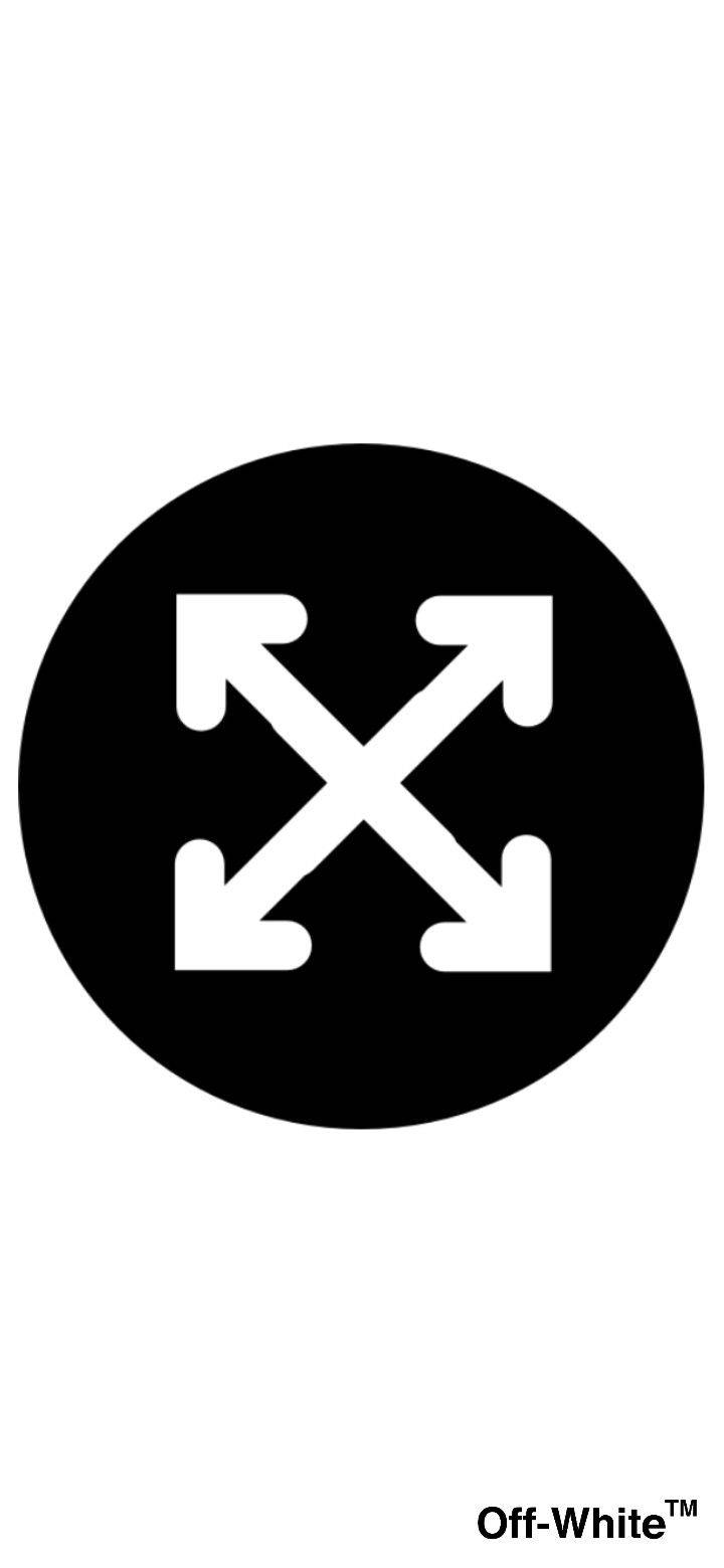 Off White Logo 桌布 壁紙 — 一個極簡的黑色圓圈，內有四個白色箭頭指向外，背景為白色。