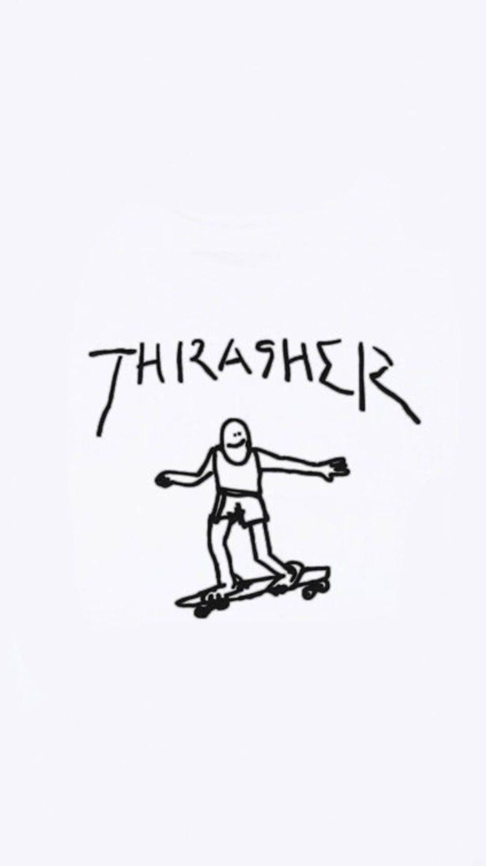 skate 桌布 壁紙 — 一個極簡的黑色墨水素描，描繪一個微笑的滑板手，下方有THRASHER字樣，背景為純白色。