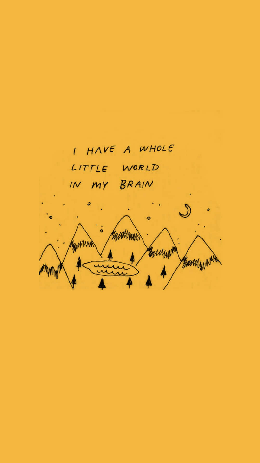 Aesthetic Yellow 桌布 壁紙 — 一個極簡的黑色線條畫，描繪山脈、樹木和一彎新月，背景為純芥末黃色，並帶有文字「I HAVE A WHOLE LITTLE WORLD IN MY BRAIN」。