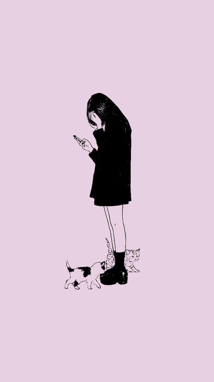 Cats 桌布 壁紙 — 一個極簡的黑色線條畫，畫中一個穿外套的女孩看著手機，腳邊有兩隻貓，背景是柔和的粉紅色。