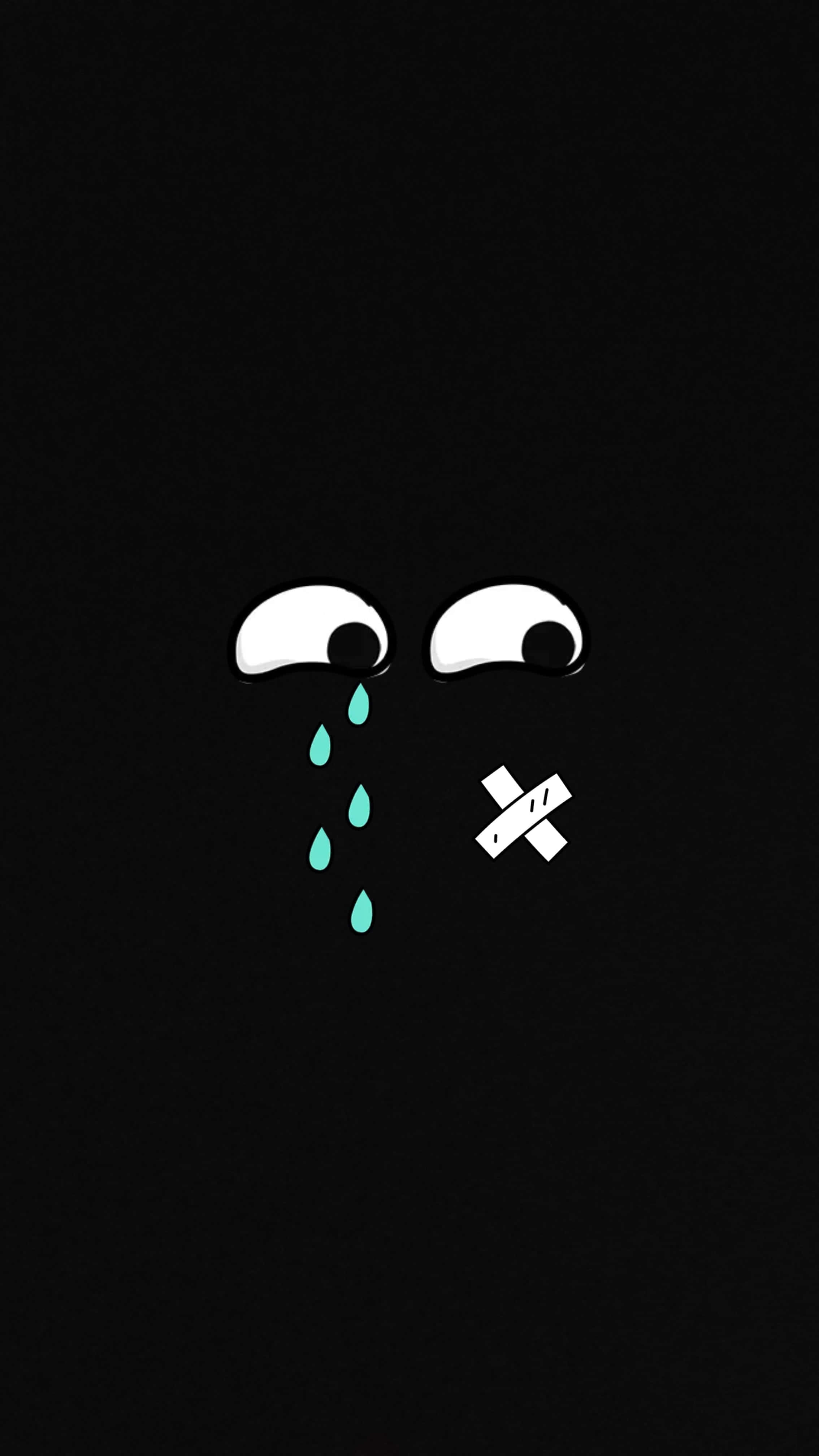 Sad Face 桌布 壁紙 — 一個極簡的黑色背景上，有一隻流著青綠色眼淚的哭泣眼睛和一隻被膠帶封住的眼睛，傳達出無聲的悲傷。