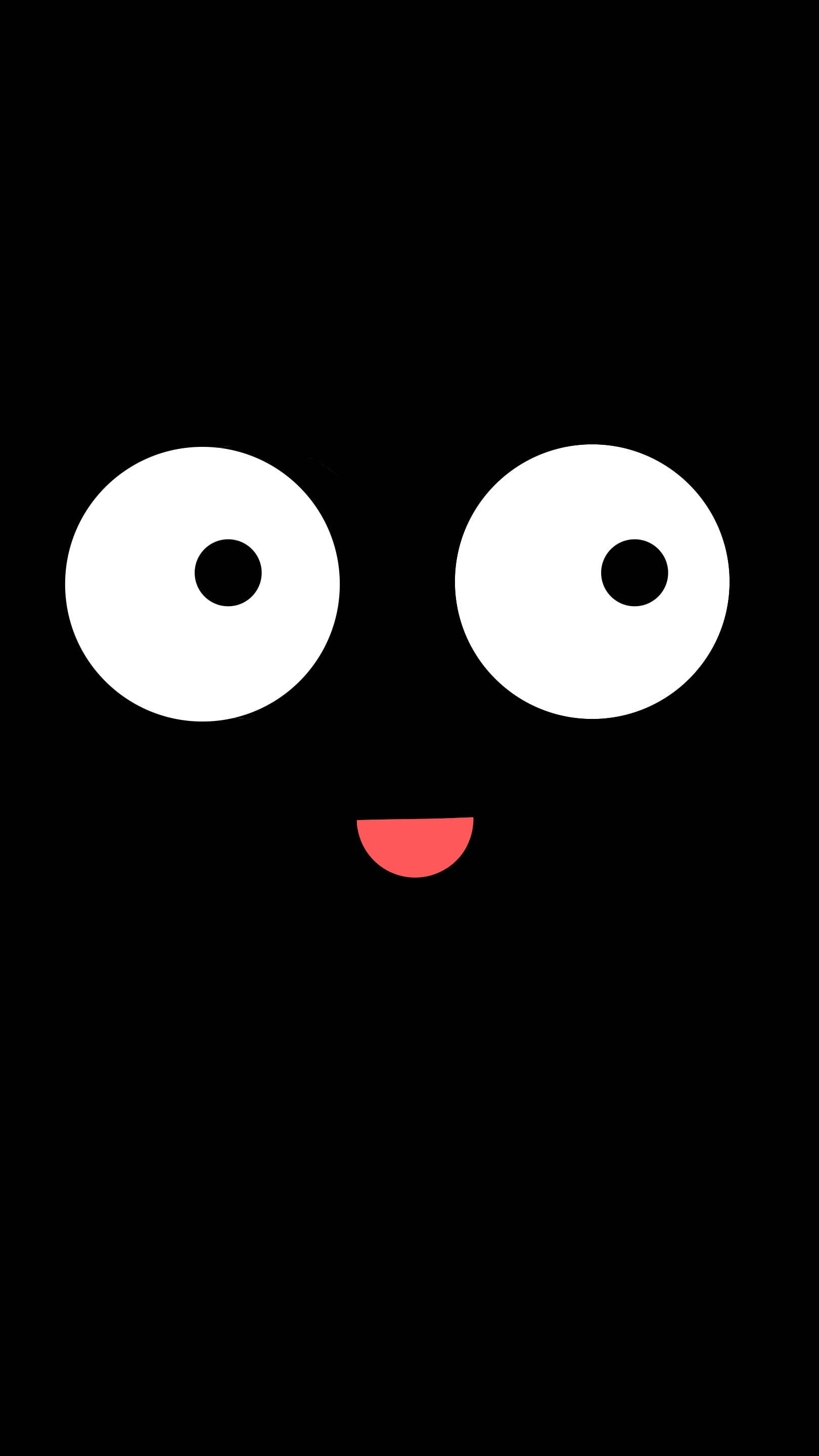 Black Emoji 桌布 壁紙 — 一個極簡的黑色背景上有兩個大大的白色眼睛和一個小小的紅色微笑，形成一個簡單快樂的臉。