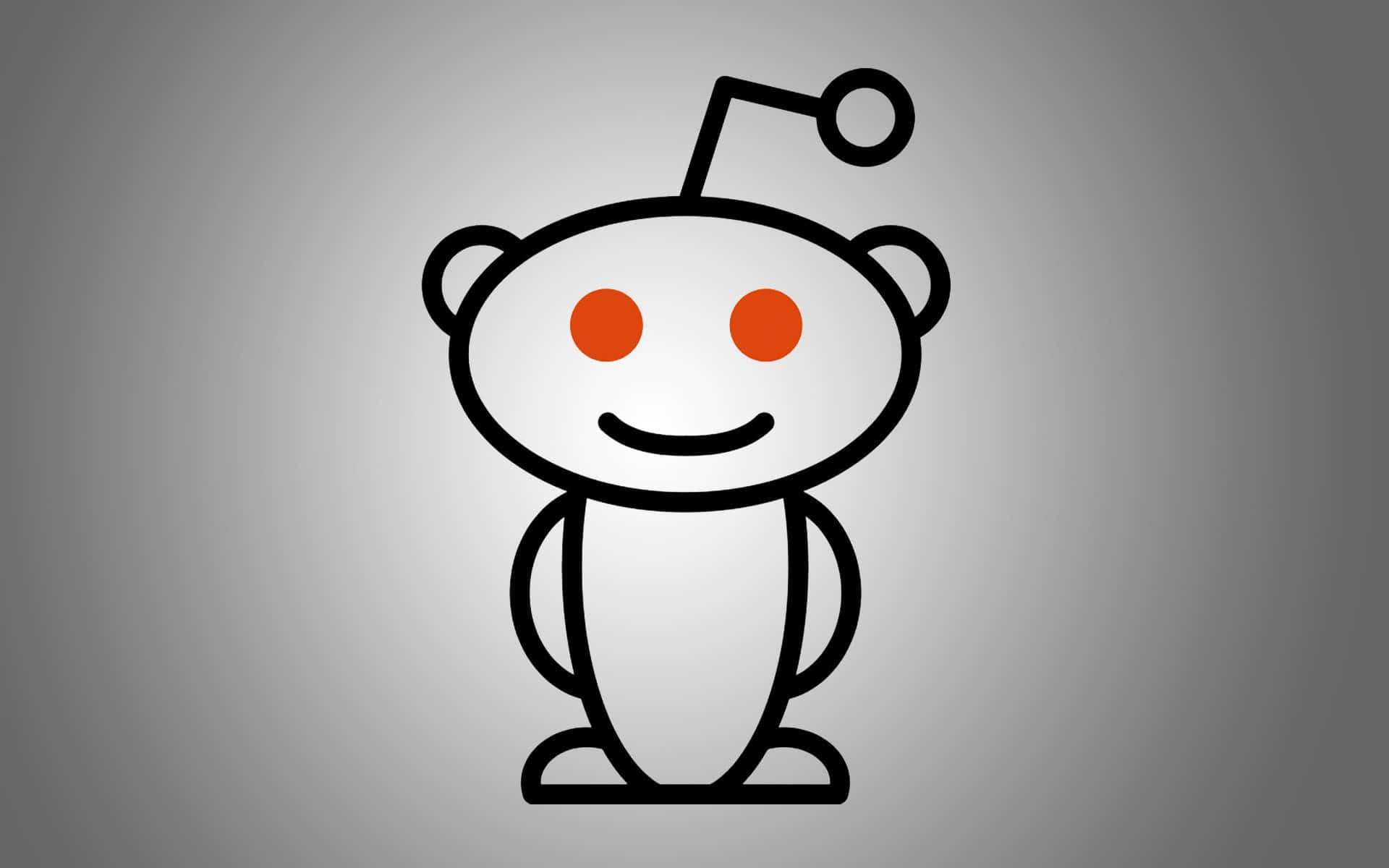 reddit 桌布 壁紙 — 一個極簡的黑色輪廓 Reddit 外星人吉祥物，帶有橙色眼睛，居中站立在漸變灰色背景上。