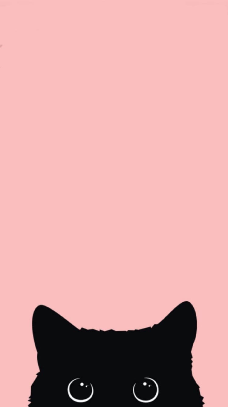 Cute Kawaii Cat 桌布 壁紙 — 一個極簡的黑貓剪影，有著白色大眼睛，從底部窺視，背景是柔和的粉紅色。