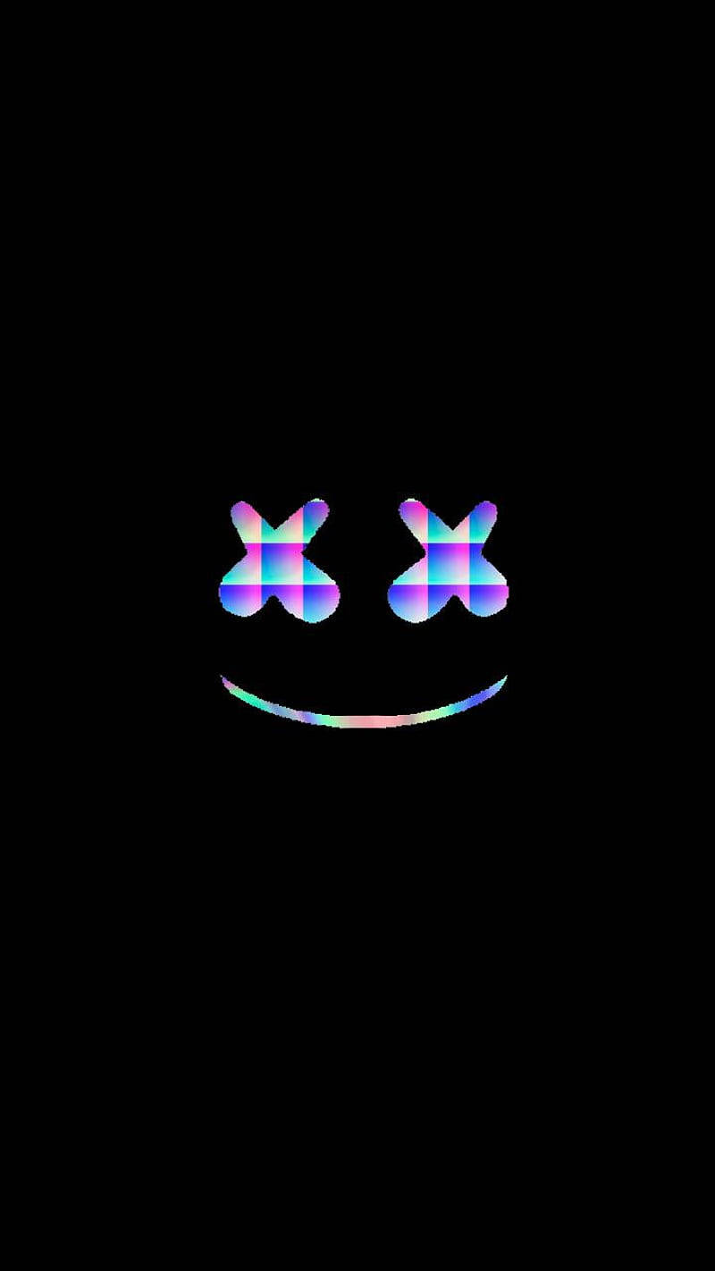 一個發光的彩虹笑臉，帶有X形眼睛，置於黑色背景上。 — Marshmello 動態圖 壁紙