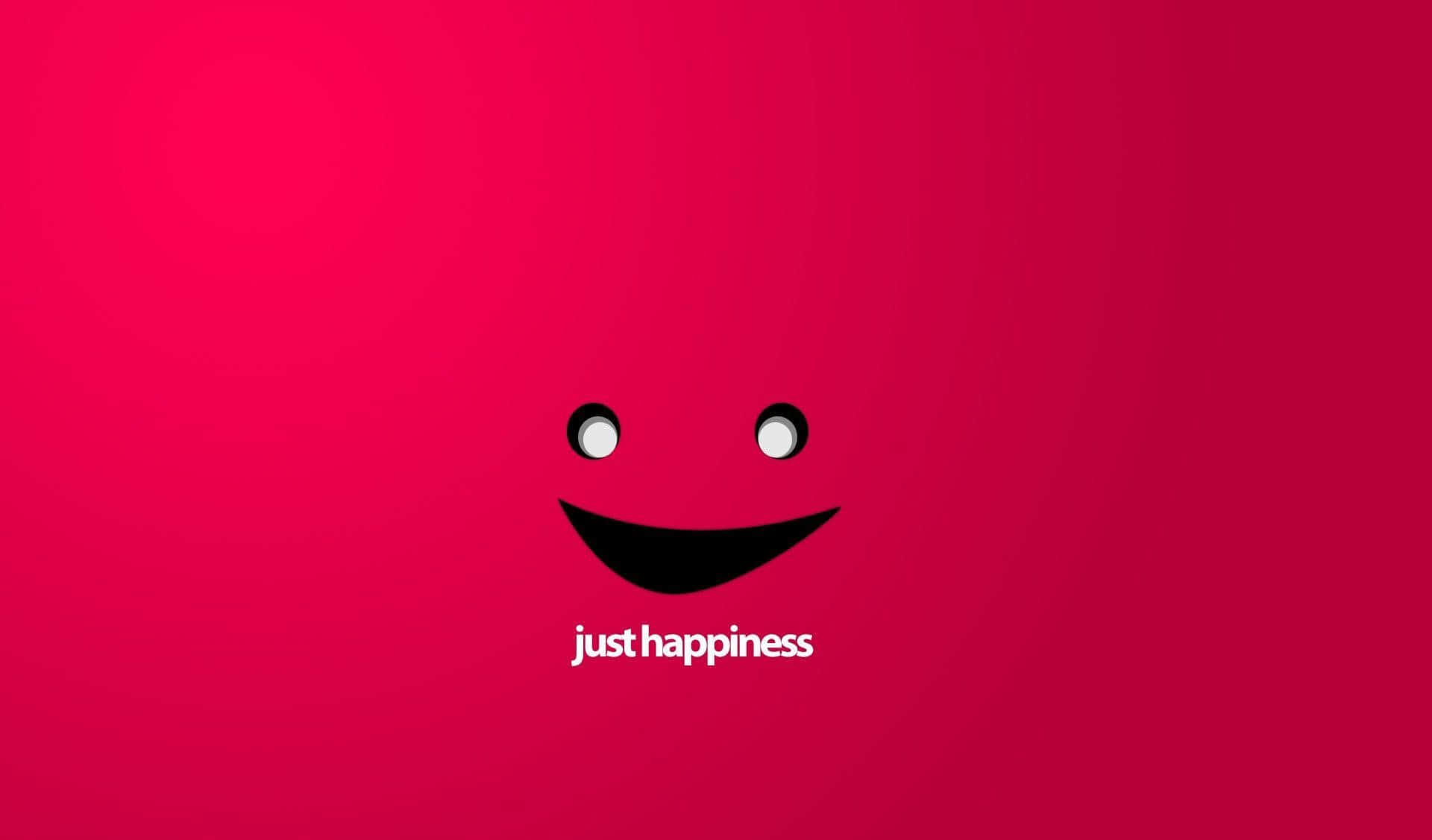happiness 桌布 壁紙 — 一個極簡笑臉，白色眼睛和黑色咧嘴笑，居中在漸變粉紅色背景上，下方有文字 just happiness。