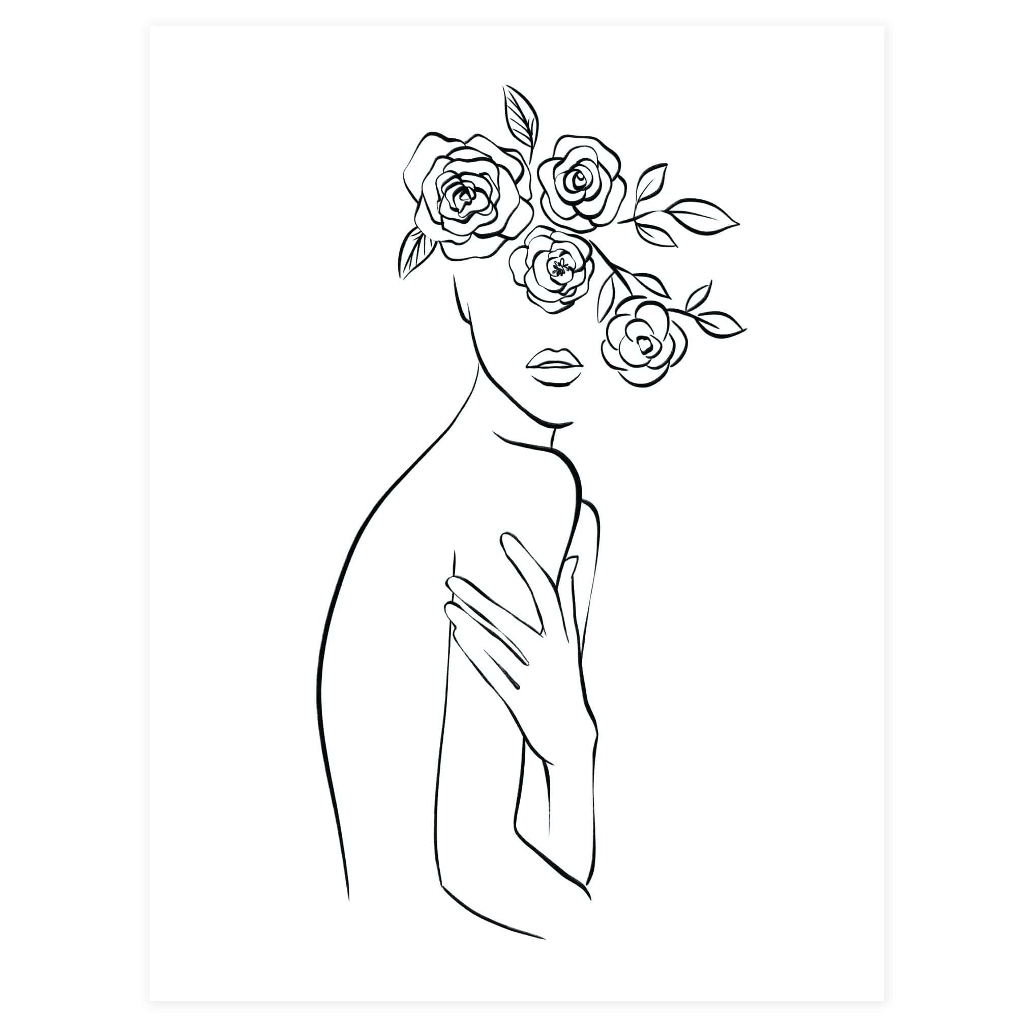 Black And White Drawings 桌布 壁紙 — 一個極簡線條畫，描繪一位女士，玫瑰遮蓋她的臉龐，手放在肩上。