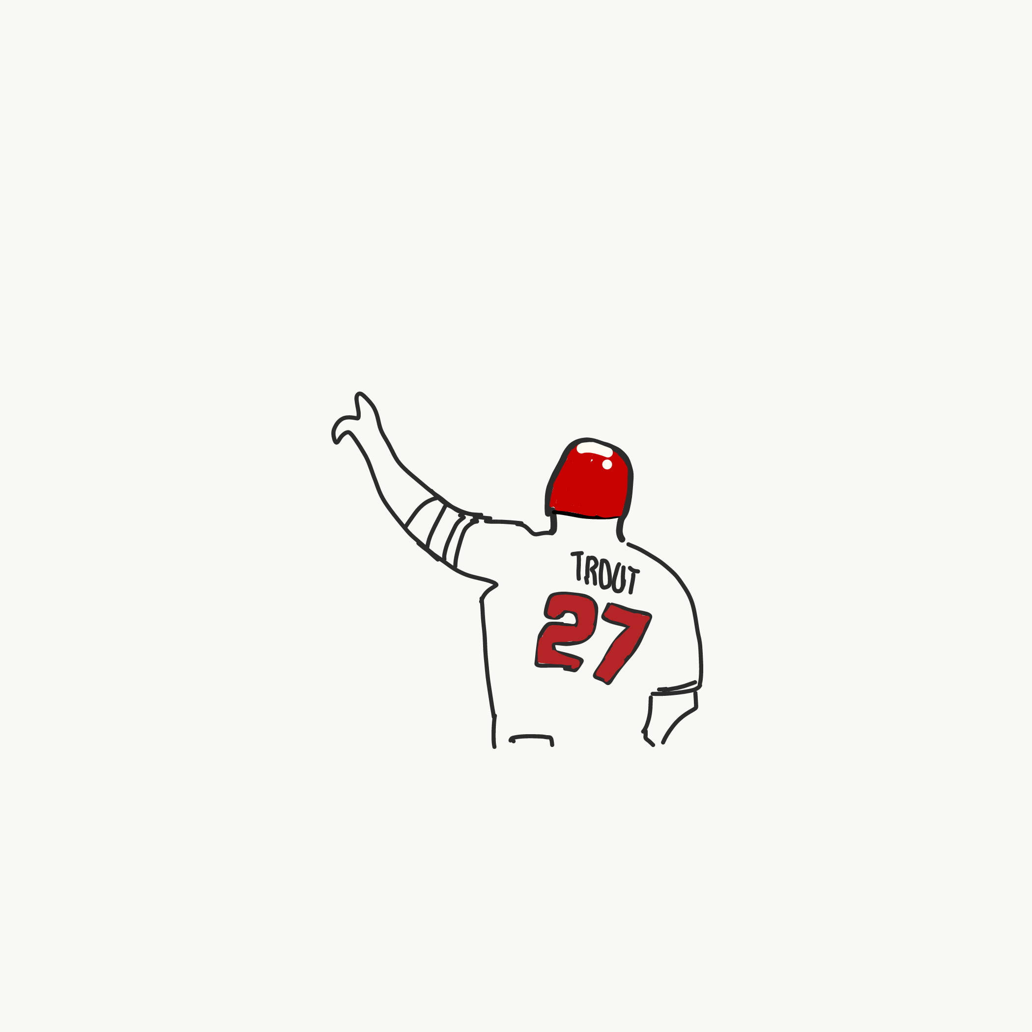 Mike Trout 桌布 壁紙 — 一個極簡線條畫，描繪一位戴紅色頭盔、身穿印有「TROUT 27」球衣的棒球選手揮手告別。