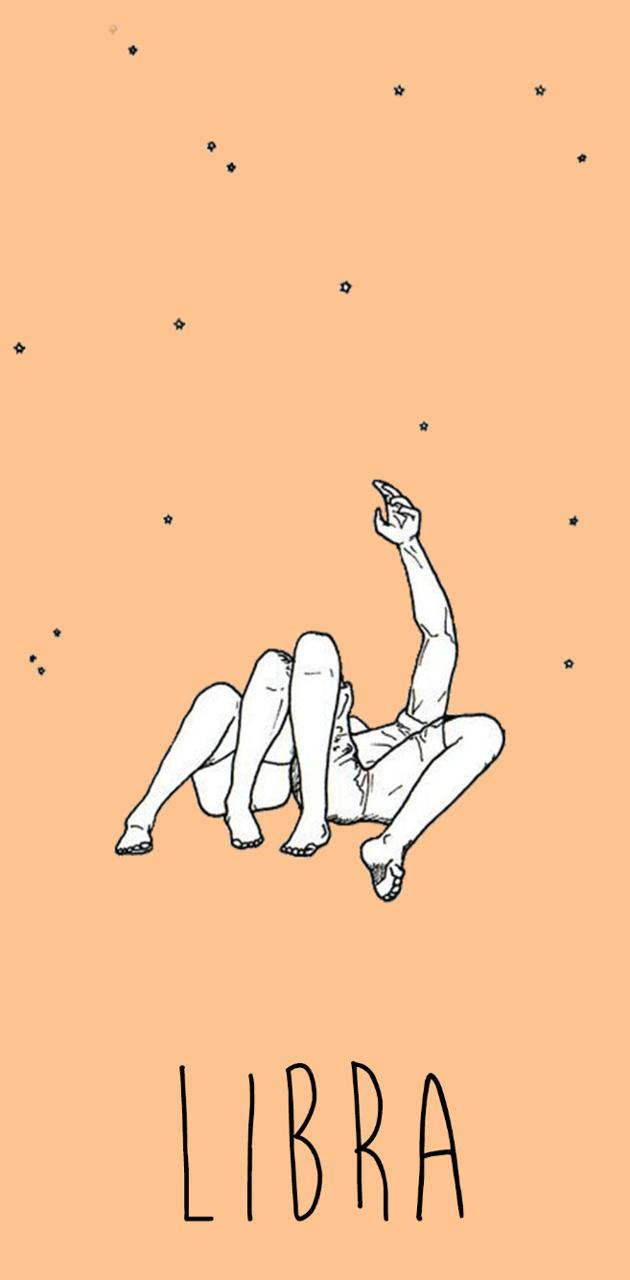 星座 桌布 壁紙 — 一個極簡線條畫，描繪一個人躺在桃色背景上，指向散落的星星，下方寫有「LIBRA」。