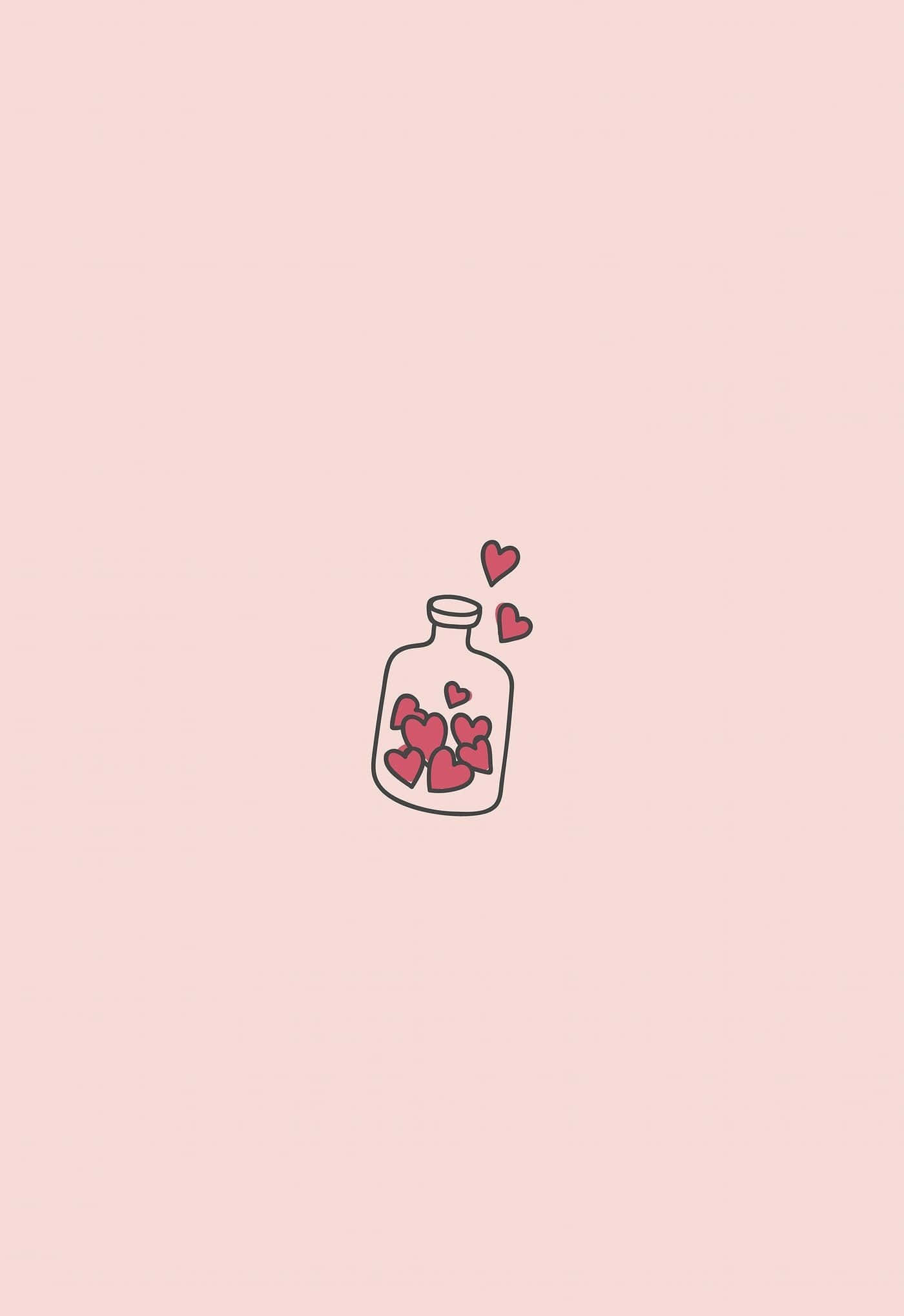 Cartoon Heart 桌布 壁紙 — 一個極簡線條畫，描繪一個裝滿粉紅色心形的玻璃瓶，背景是柔和粉紅色。