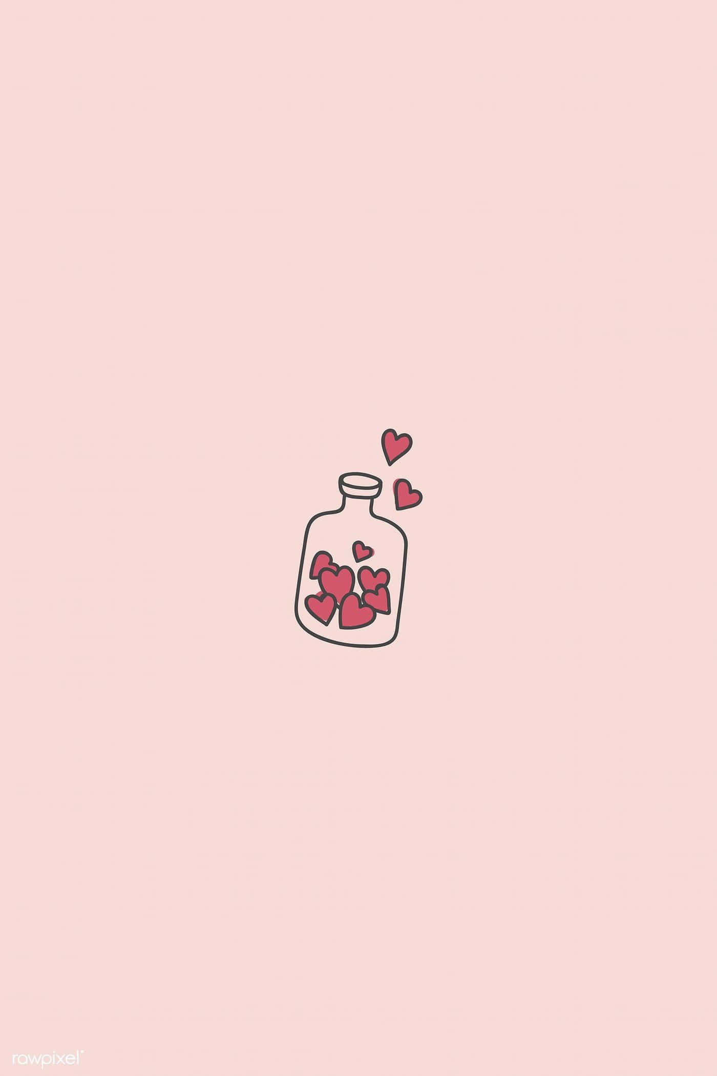 Cute Hearts 桌布 壁紙 — 一個極簡線條畫，描繪一個裝滿粉紅色心形的瓶子，背景是柔和的腮紅色。