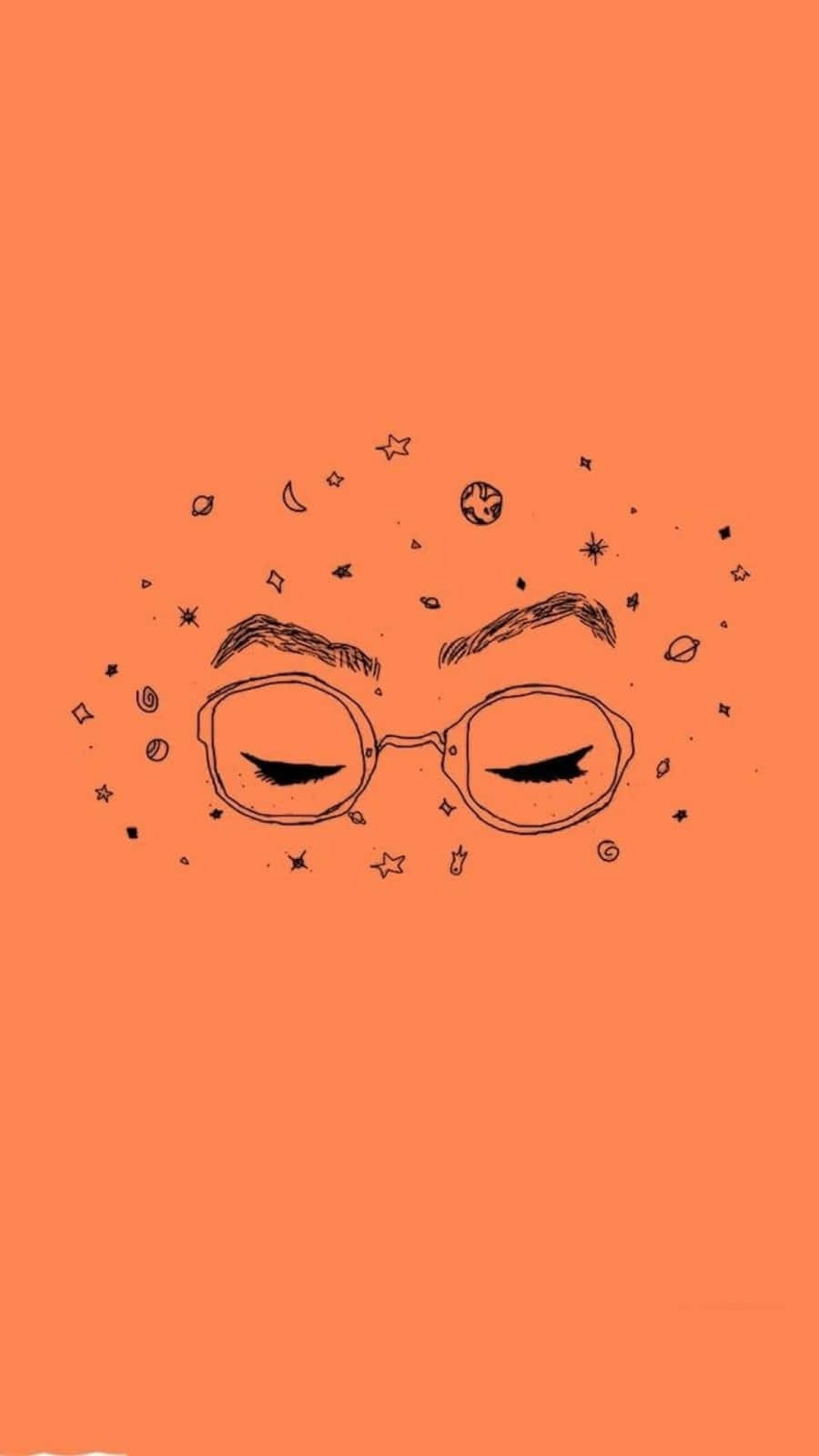 Eyes 桌布 壁紙 — 一個極簡線條畫，描繪戴眼鏡的閉眼，周圍環繞著宇宙塗鴉，背景為純橙色。