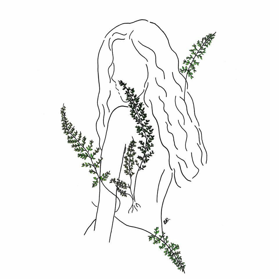 Aesthetic Drawings 桌布 壁紙 — 一個極簡線條畫的女性剪影，蕨類植物從她的背部和頭髮中長出。