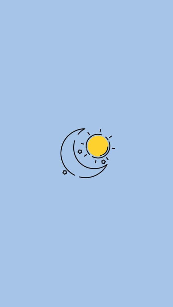 Sun And Moon Aesthetic 桌布 壁紙 — 一個極簡線條藝術圖示，描繪黃色太陽和彎月互相環繞，背景為柔和藍色。