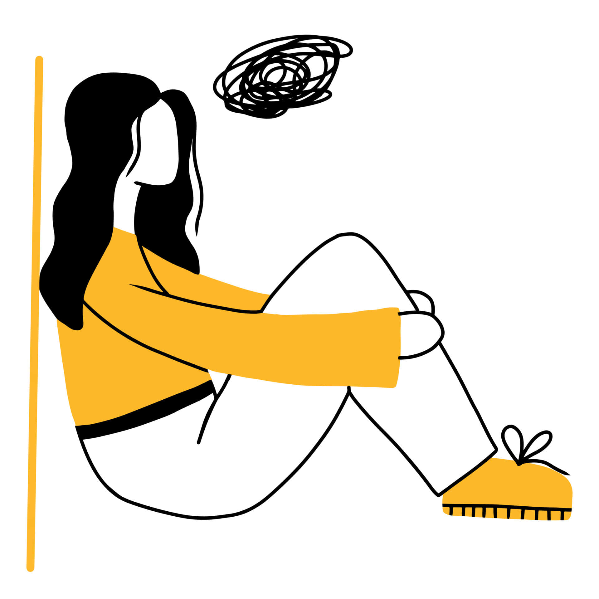 Depression Girl 桌布 壁紙 — 一個極簡線條藝術插圖，描繪一位身穿黃色上衣的人靠牆而坐，頭頂上方有一個塗鴉式的對話泡泡。