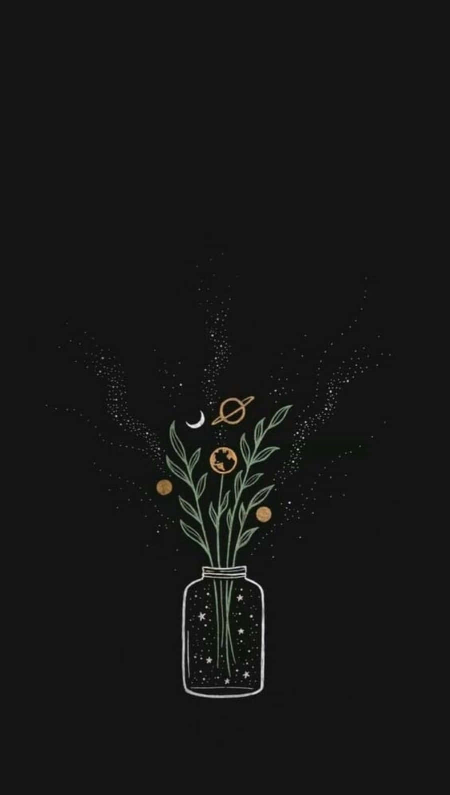 美學 iPhone 壁紙 桌布 壁紙 — 一個極簡線條藝術插圖，描繪一個玻璃罐，裡面裝著綠色莖幹，周圍漂浮著天體和星星，背景為黑色。