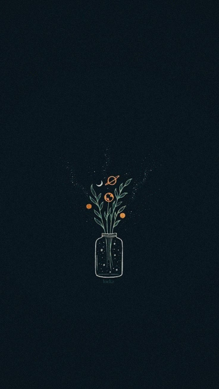手機 桌布 壁紙 — 一個極簡線條藝術插圖，描繪一個玻璃罐裝著天體主題的花朵，背景為深海軍藍色。