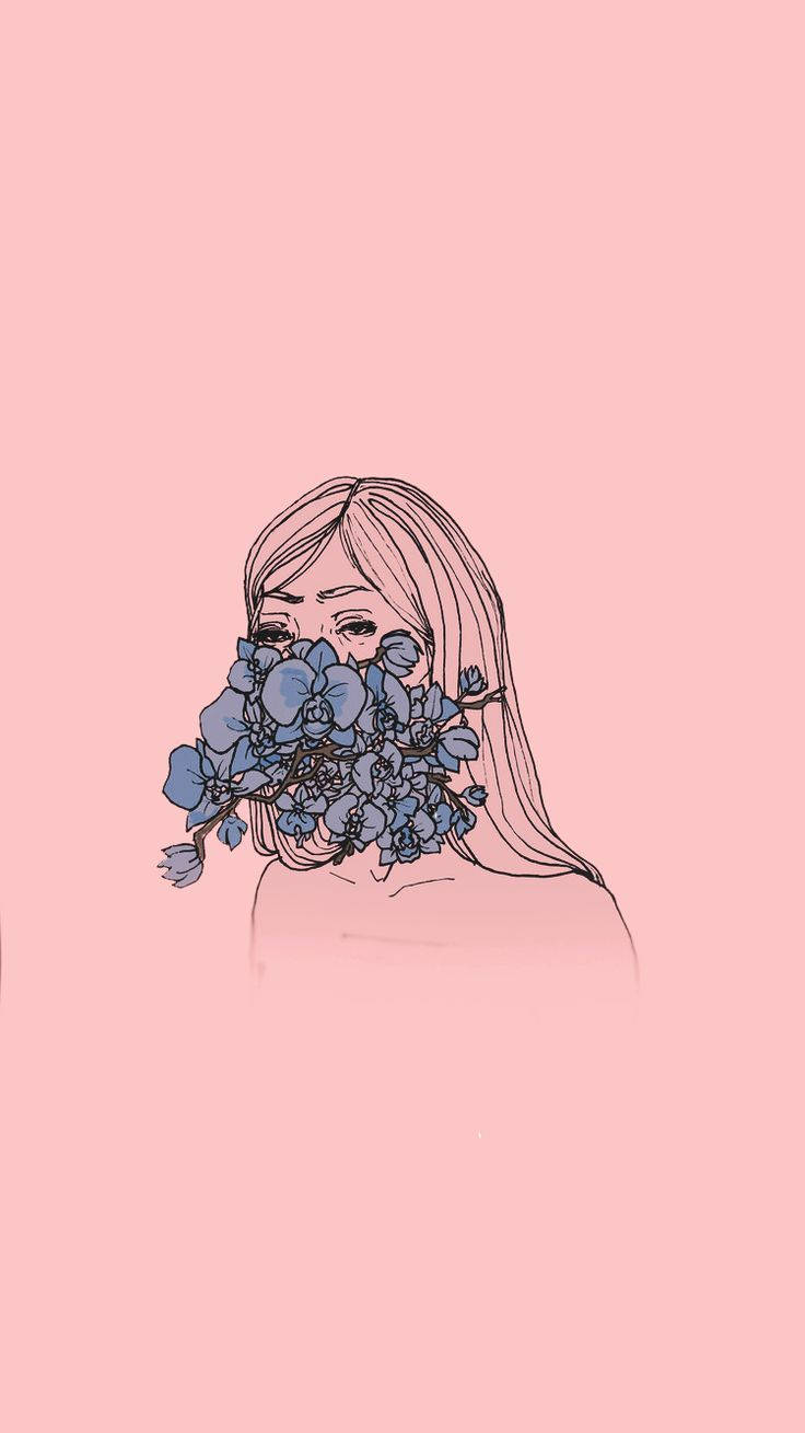 粉彩 iPhone 桌布 壁紙 — 一個極簡線條藝術插圖，描繪一個長髮女孩在柔和的粉紅色背景上將藍色花朵放在嘴前。