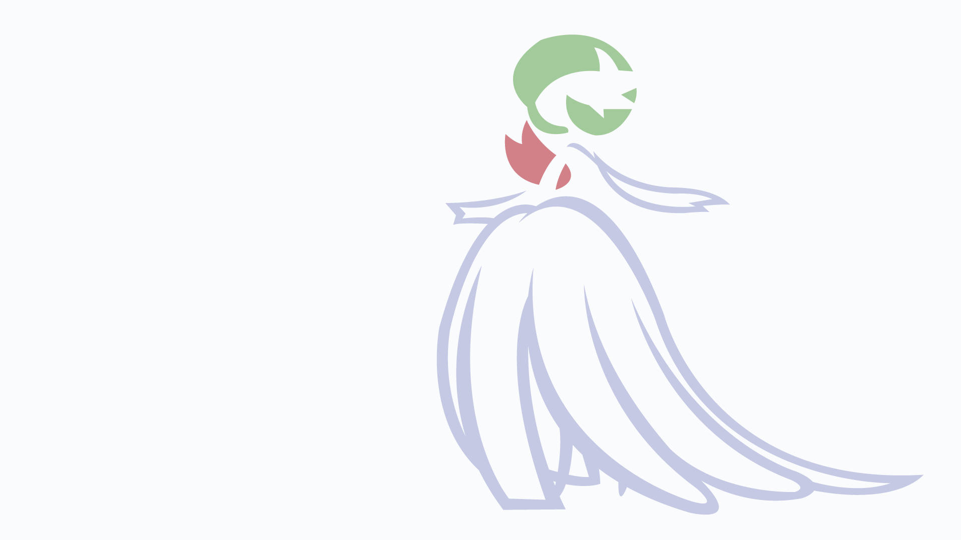 Gardevoir 桌布 壁紙 — 一個極簡線條藝術插圖，描繪一個風格化的人物，綠色頭部和紅色圍巾，背景為純白色。