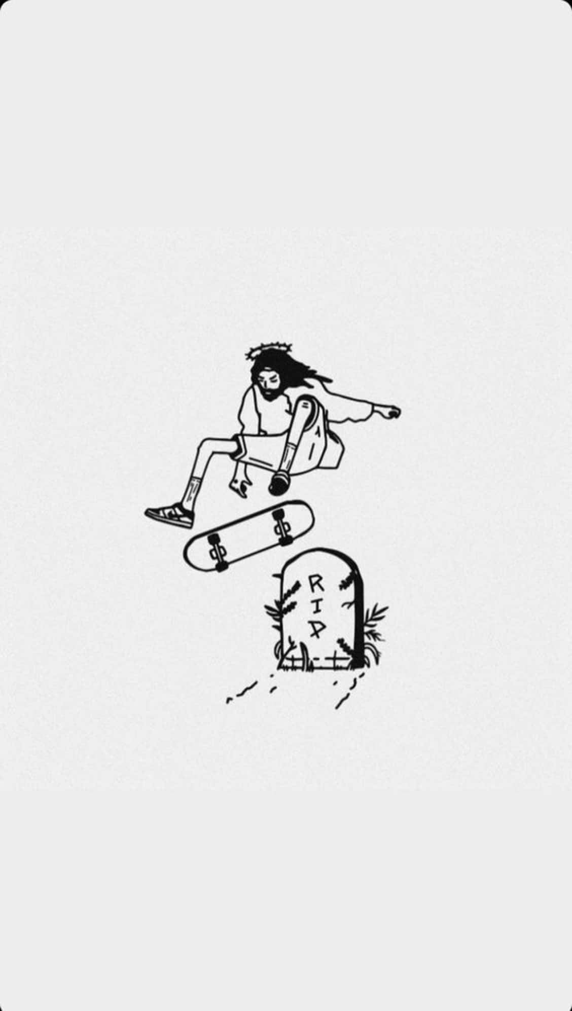 Cool Jesus 桌布 壁紙 — 一個極簡線條藝術插圖，描繪一名滑板手在半空中越過刻有RIP的墓碑表演技巧。