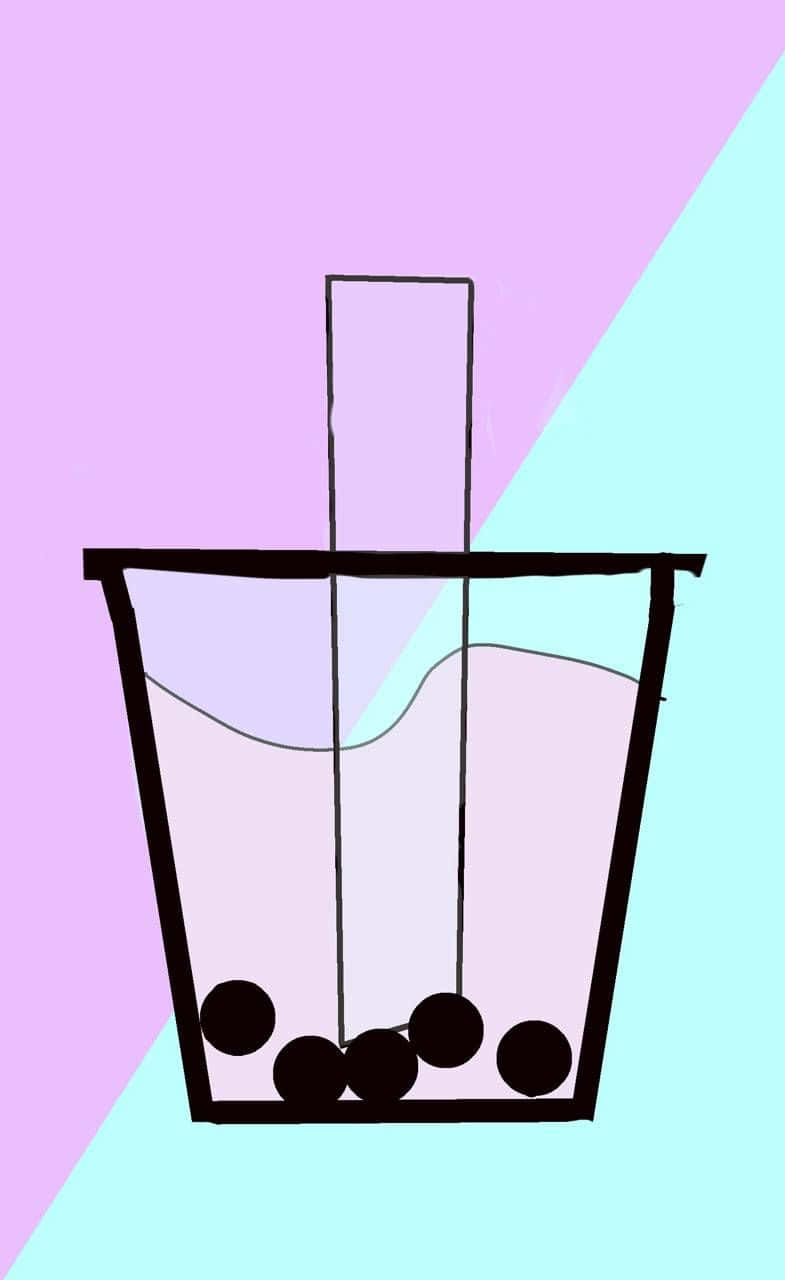 Boba 桌布 壁紙 — 一個極簡線條藝術插圖，描繪一杯帶有黑色珍珠和吸管的珍珠奶茶，背景為紫色和青色分割。