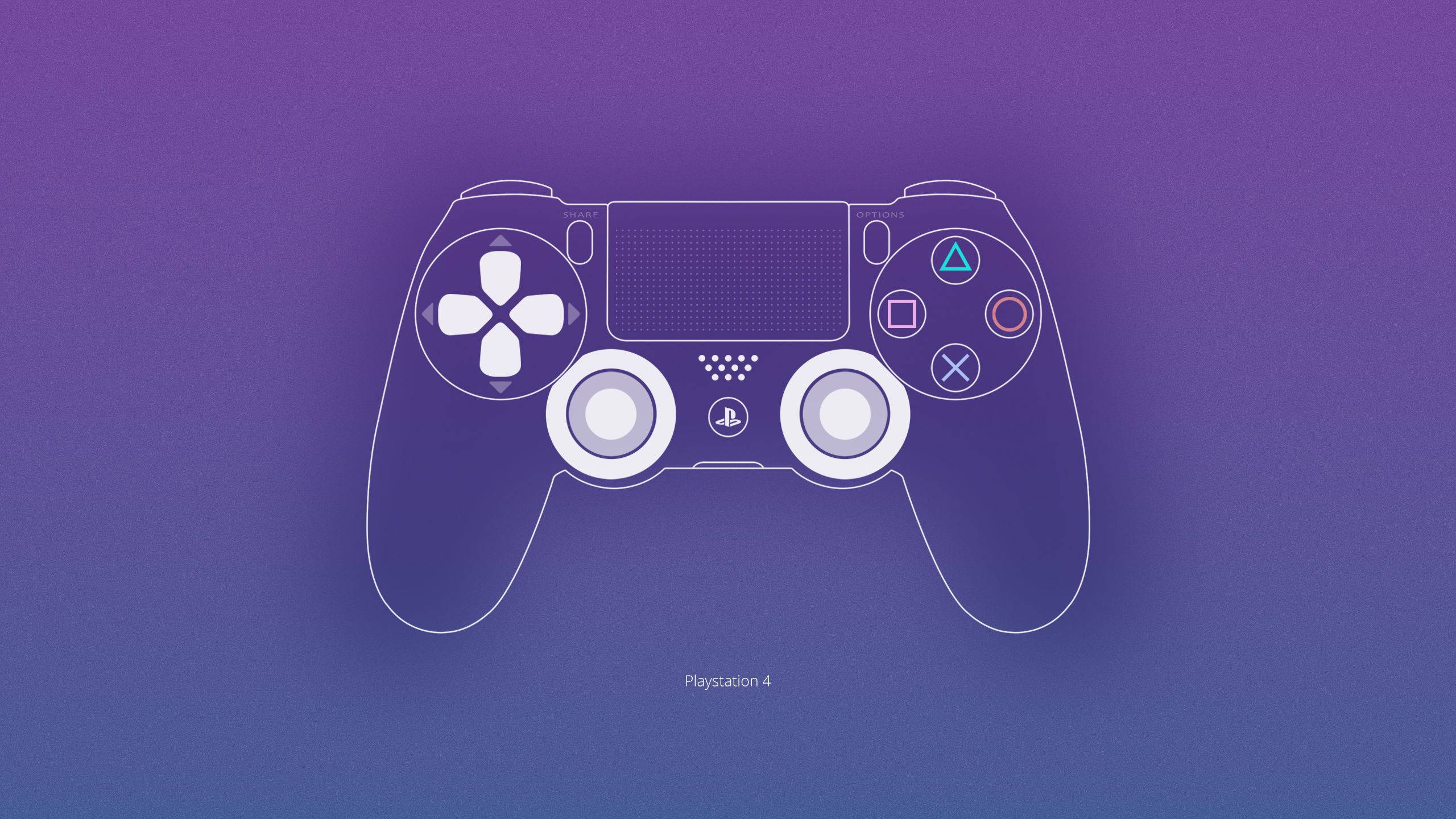 PlayStation 桌布 壁紙 — 一個極簡線條藝術的 PlayStation 4 控制器輪廓，在紫色漸變背景上柔和發光。