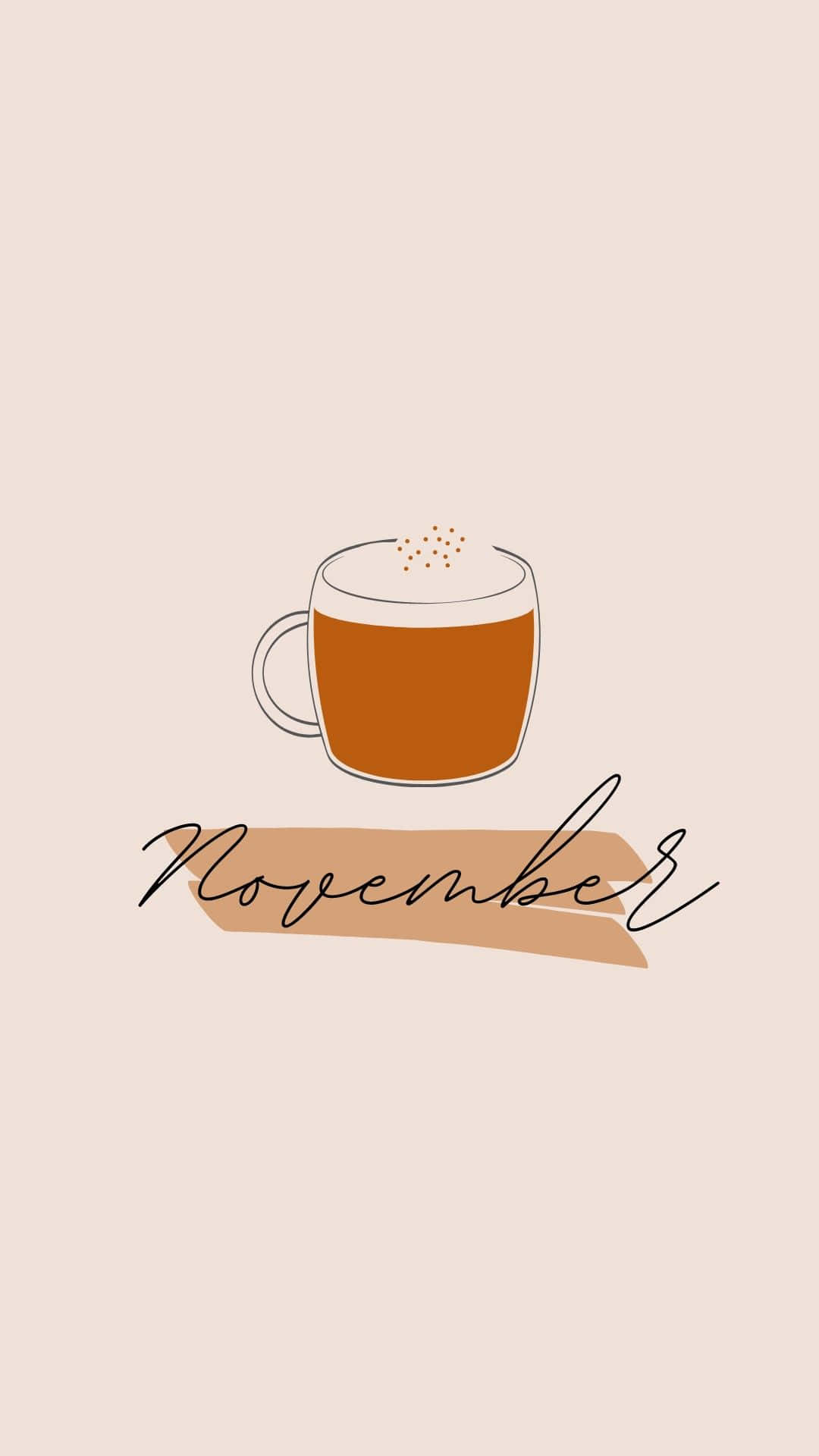 Coffee Aesthetic 桌布 壁紙 — 一個極簡線條藝術的咖啡杯，帶有泡沫和香料，位於柔和米色背景上的 November 字樣上方。