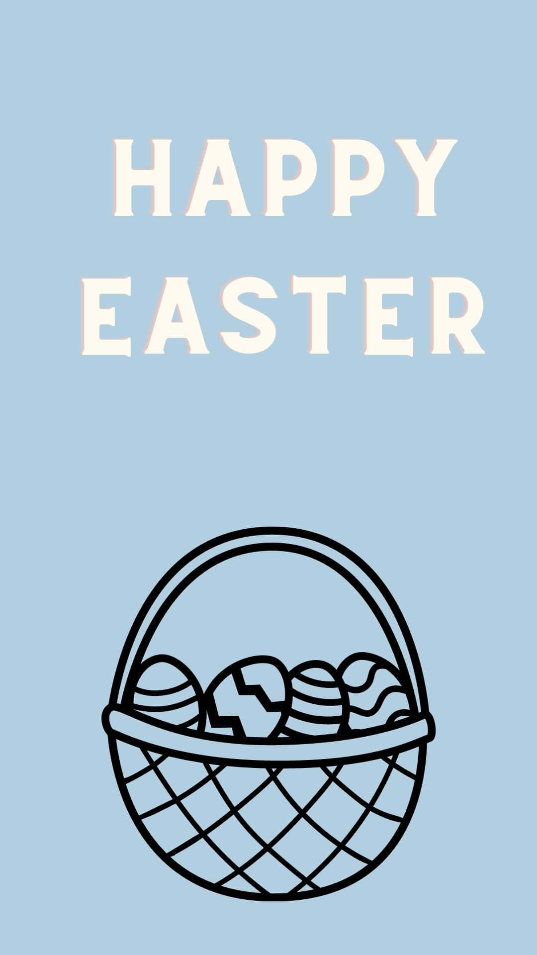 Easter Basket 桌布 壁紙 — 一個極簡線條藝術的復活節籃子，內有圖案雞蛋，位於柔軟藍色背景上粗體白色文字下方。