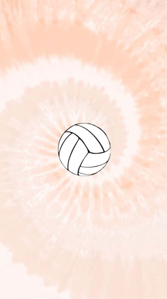 Cute Volleyball 桌布 壁紙 — 一個極簡線條藝術的排球，置於柔軟蜜桃色紮染背景上，帶有放射狀漩渦。