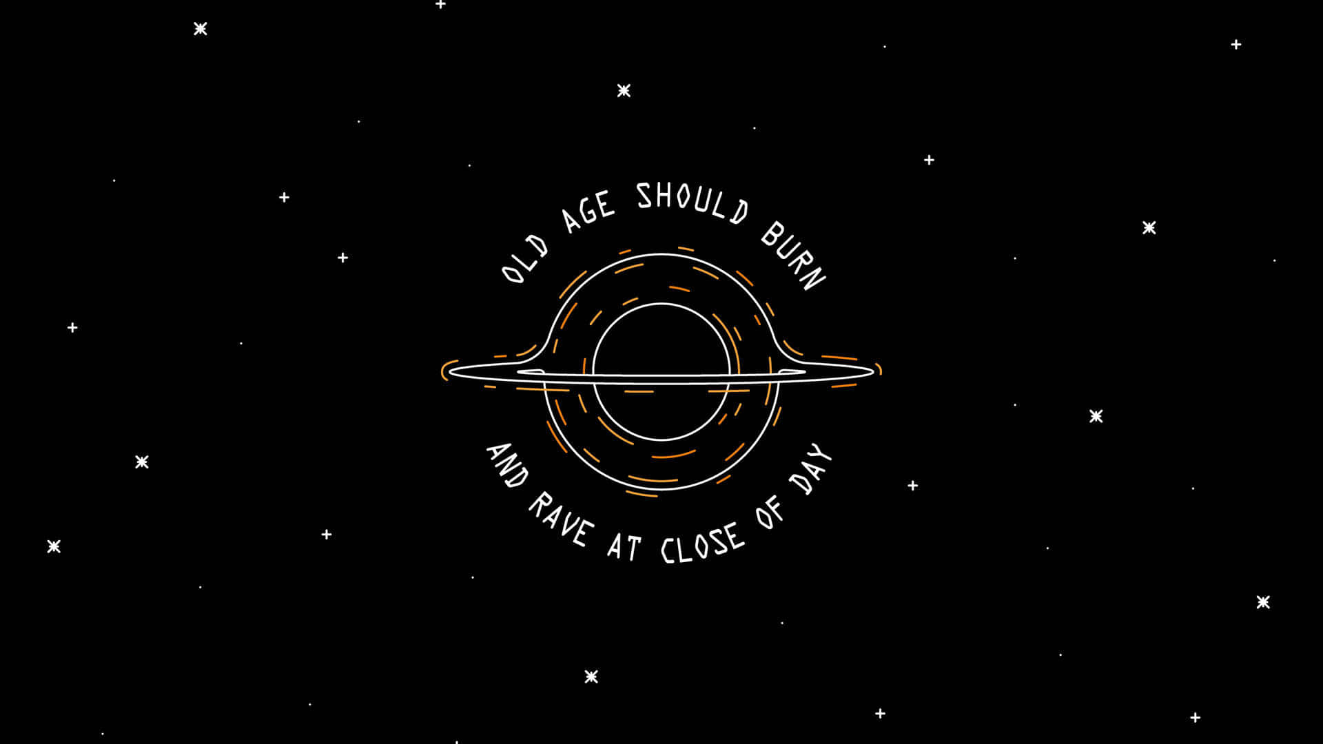 Minimalist Quote 桌布 壁紙 — 一個極簡線條藝術的行星，帶有光環和文字，背景是繁星點點的黑色。