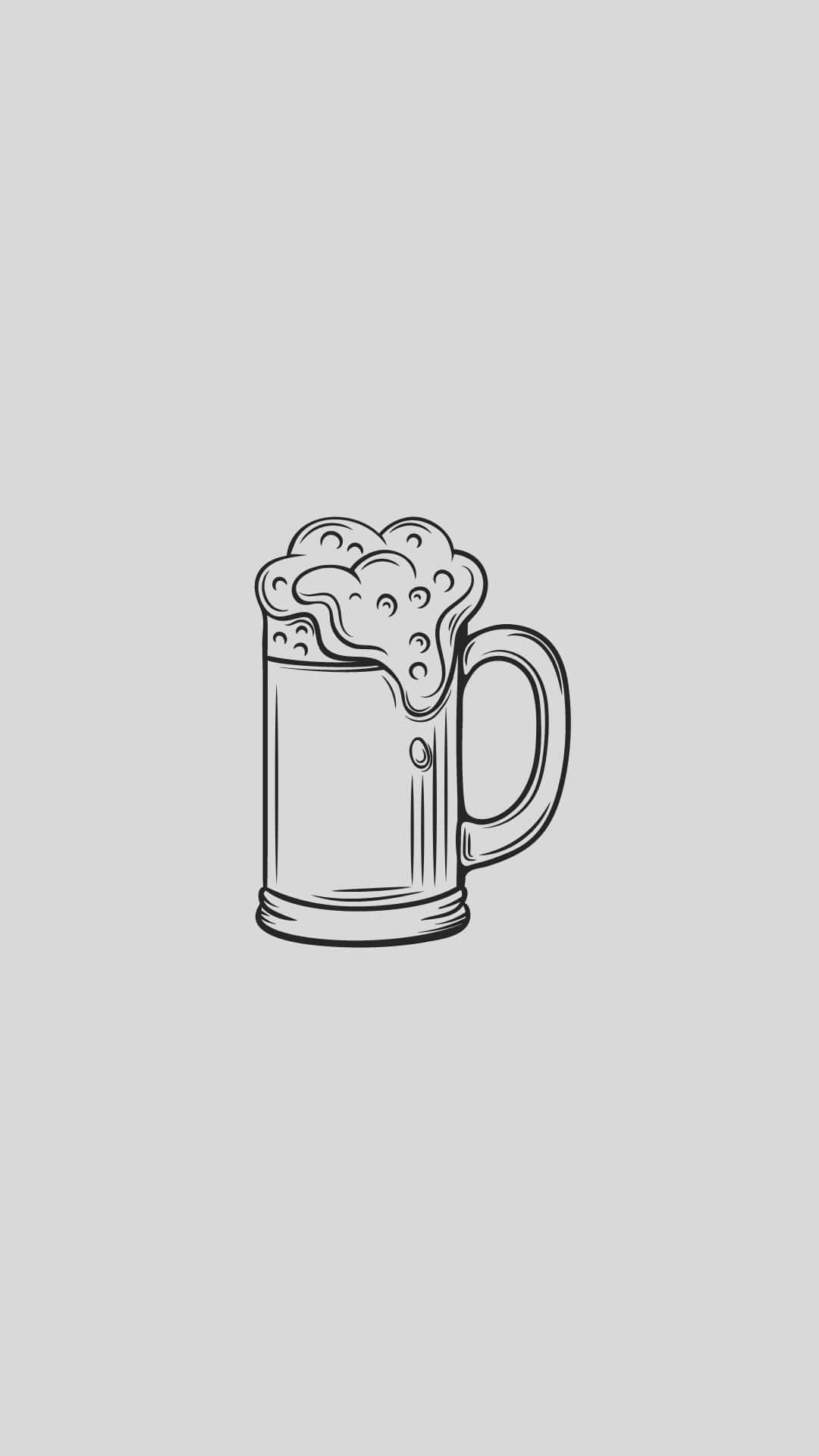 Beer 桌布 壁紙 — 一個極簡線條藝術草圖，描繪一個泡沫四溢的啤酒杯，背景為純灰色。